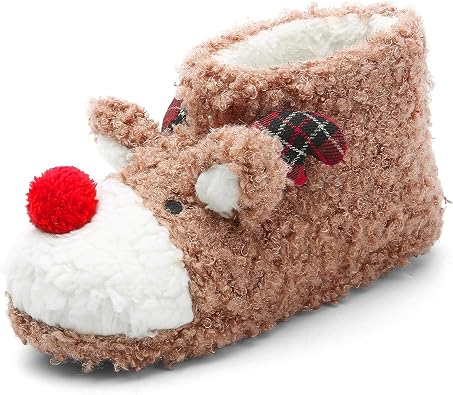 ASHION Womens Cute Fuzzy Reindeer House Slippers Stuffed Animal Bedroom Slippers Cozy Christmas Indoor Shoes