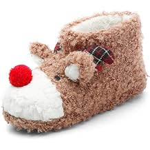 ASHION Womens Cute Fuzzy Reindeer House Slippers Stuffed Animal Bedroom Slippers Cozy Christmas Indoor Shoes