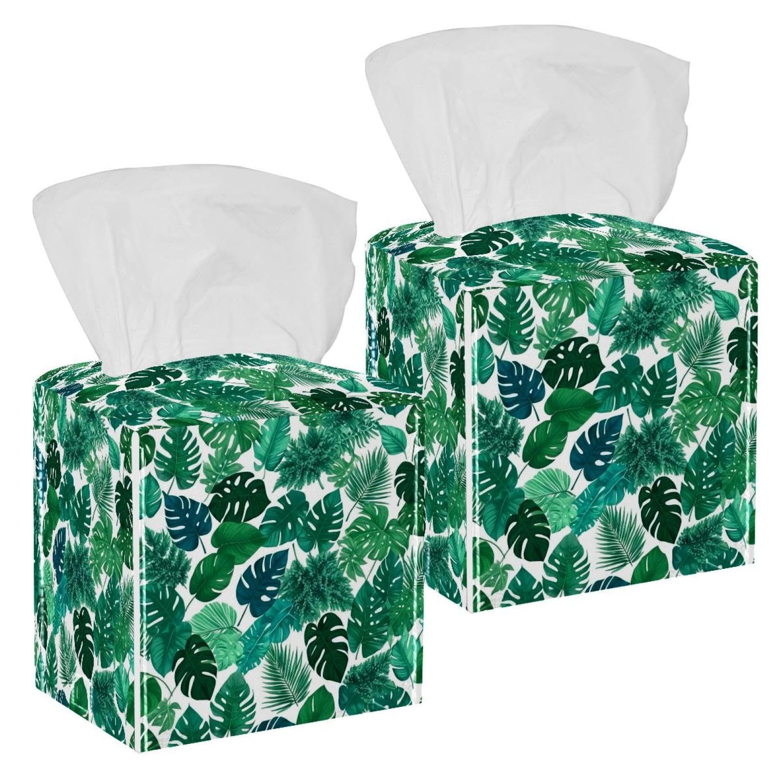 Artistic Leaves Tissue Box Cover, 2 Pack PU Leather Square Facial Tissue Dispenser Box holder for Home Office Car