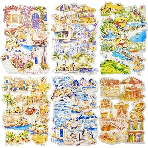 TIAMECH Escape from City PET Stickers - 90 Pcs Papua Blue Road Bali Green Road & Havana Greece Design, Waterproof Sticker for Journaling & Scrapbooking, Junk Journal Supplies, Ephemera & DIY Crafts