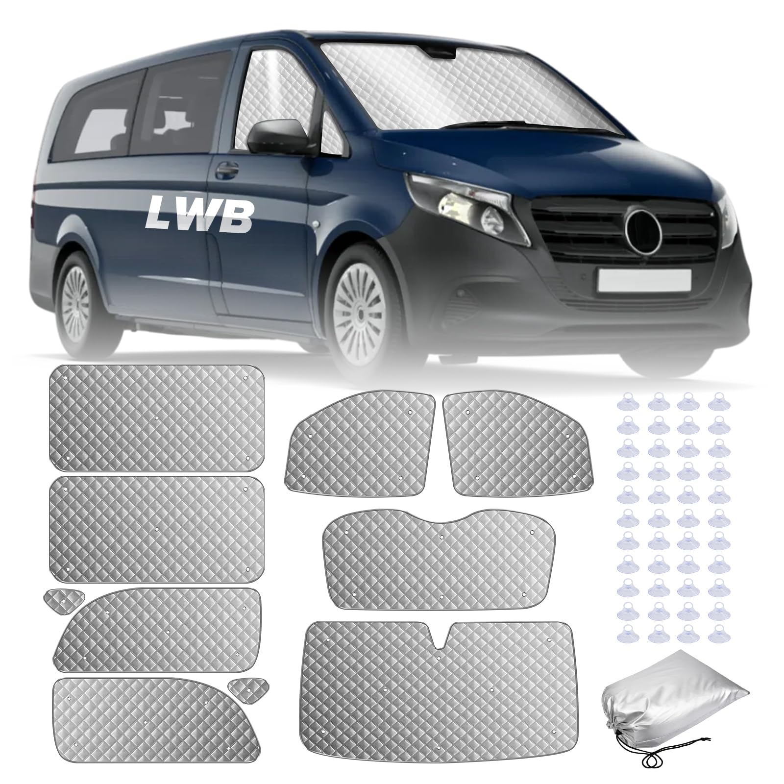 10 szt. mat termicznych pasujących do VITO III W447/Viano 2014-2024 LWB, wewnętrzna osłona przeciwsłoneczna na przednią szybę samochodu, zestaw żaluzji termicznych, zaciemnienie, ochrona przed