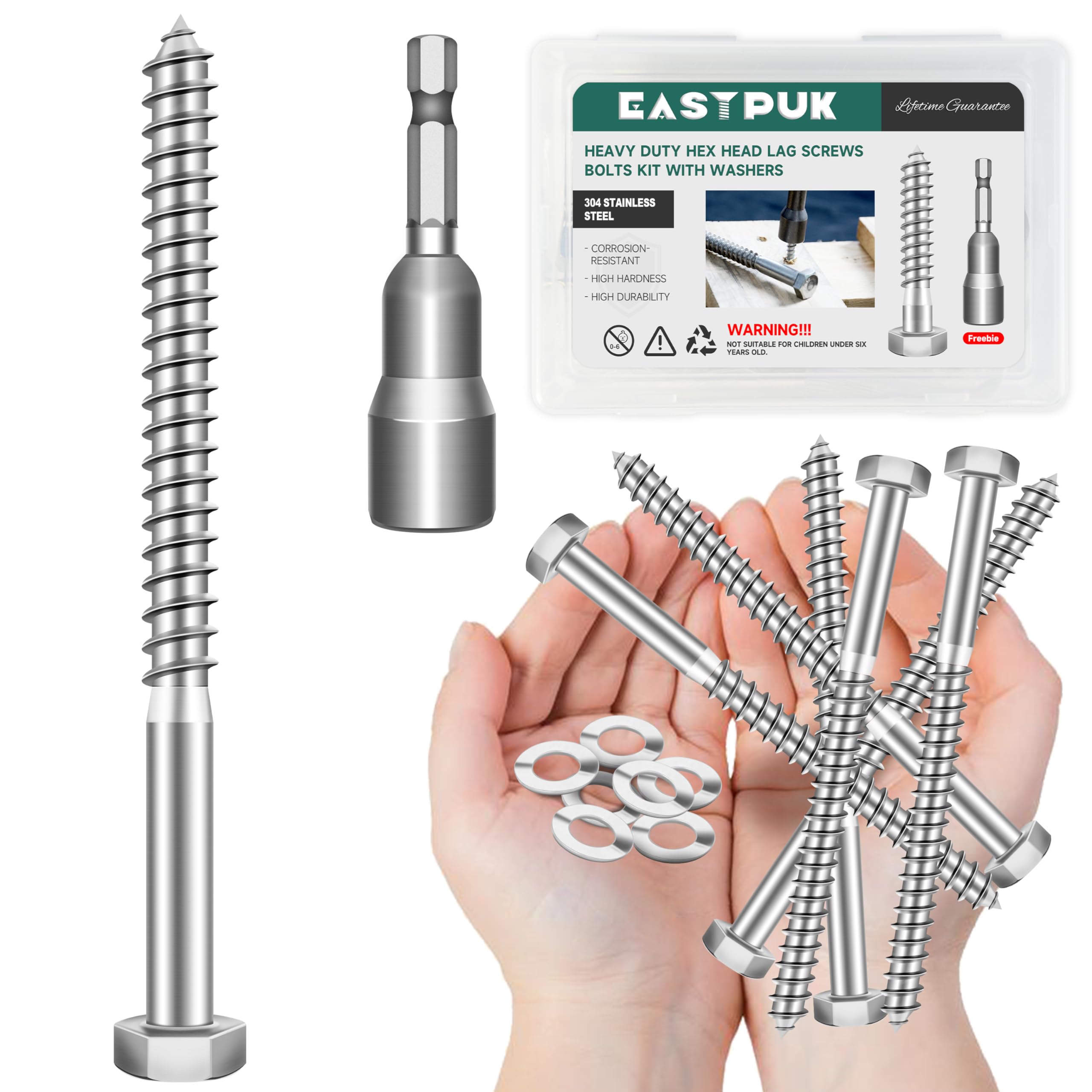 Stainless Steel Lag Screws - 8 Pack, 3/8" x 4" -25