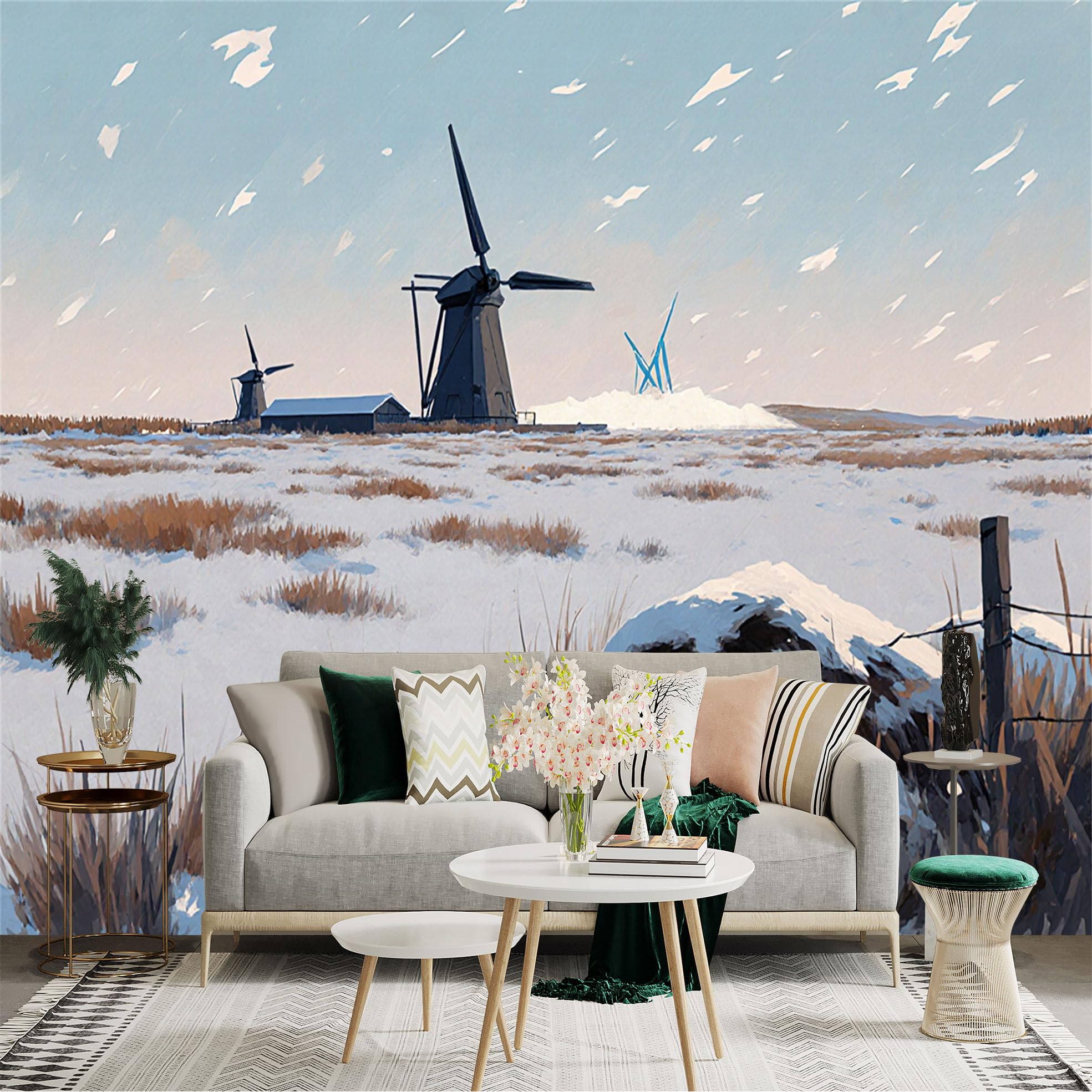Lnzczhyre Xc260505221 Custom Size Wall Sticker Mural， Snowy Farmscape With Dutch Windmills， Winter Season Scenery， Serene Cold Field， For Wall Decoration， Peelandstick Wall Decals.