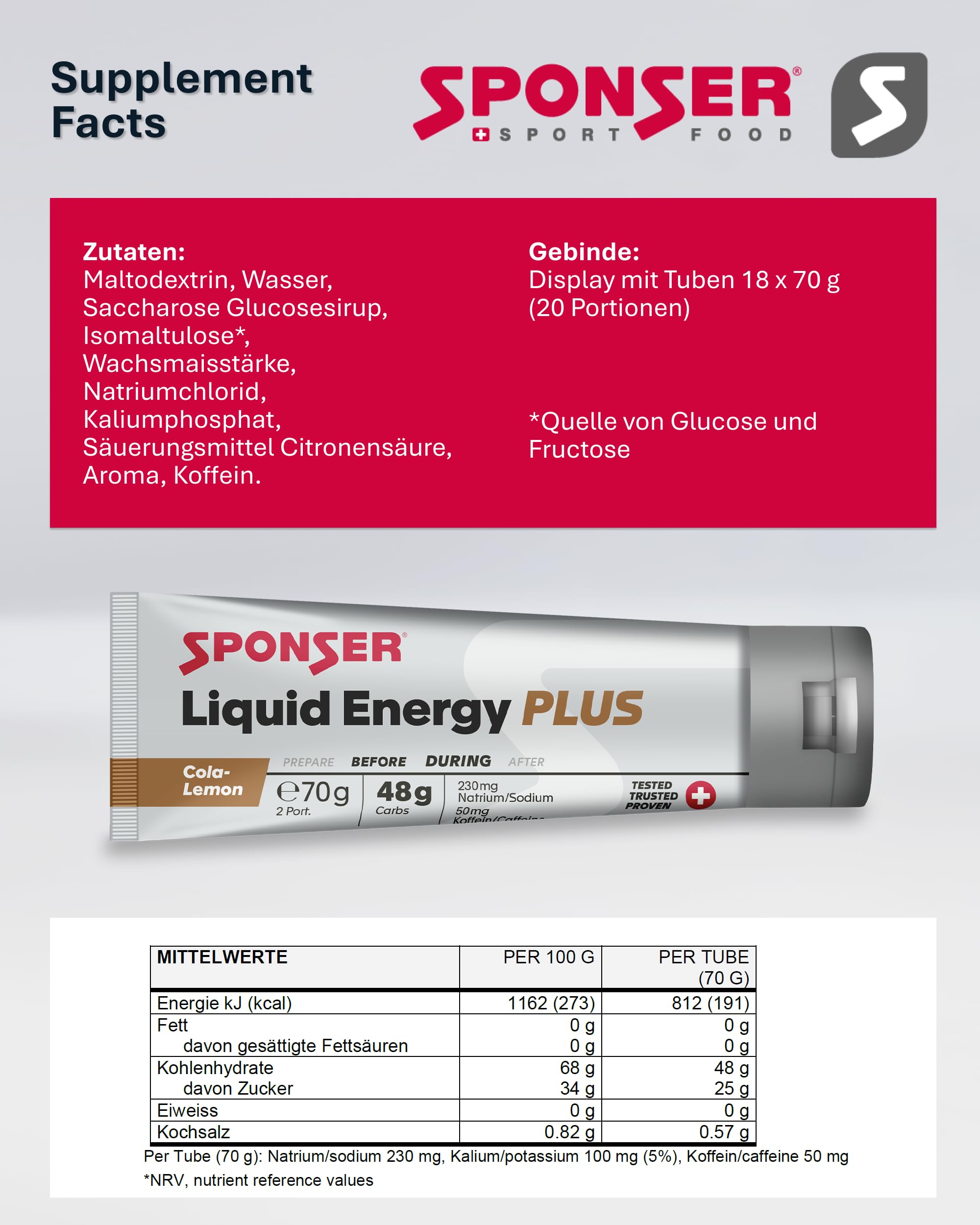 SPONSER Liquid Energy Plus - Kohlenhydrat-Gel mit Koffein - Cola-Lemon | High Carb Energiegel für Ausdauer, Laufen, Radsport - Vegan, Glutenfrei, Laktosefrei - 70 g Tube
