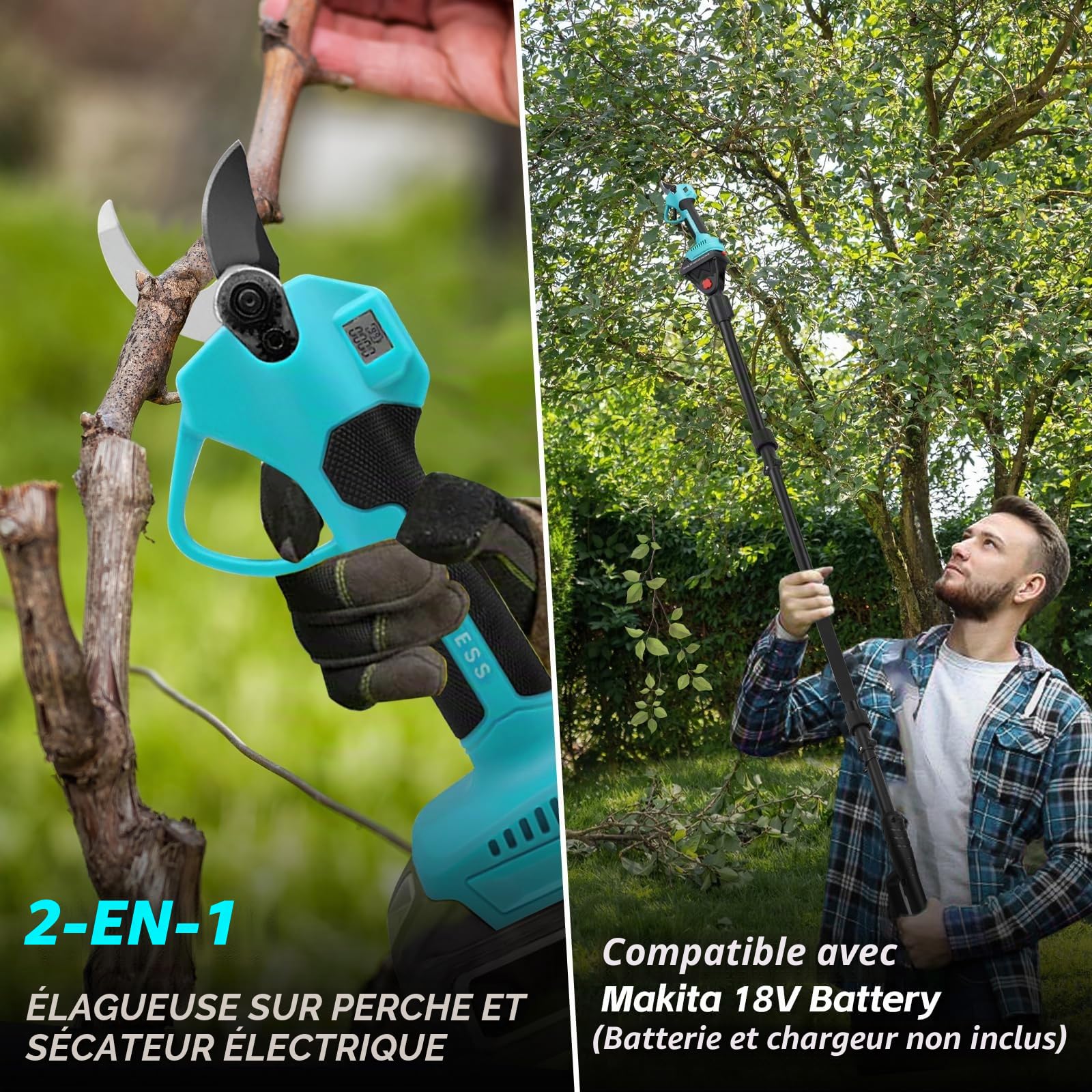 Sécateur Électrique 2-en-1 avec Perche Télescopique 4x0.5m - Réglable 1m/1.5m/2m, Coupe 43mm Secateur Electrique Sans Fil Compatible avec Makita 18V, SK7 Lame, Moteur Sans Balais (Sans Batterie)