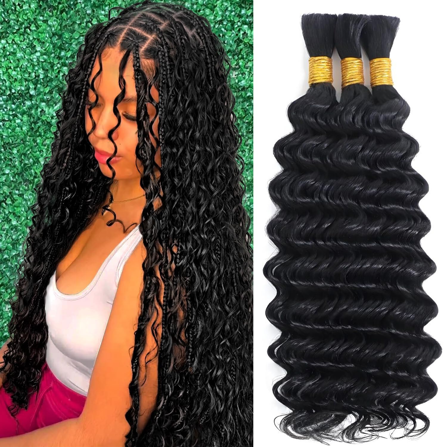 Human Braiding Hair 24 inch 3 bundles 120g Human Hair Boho Braids Deep Wave Braiding Hair 12A 100% Unprocessed Human Hair Natural Black