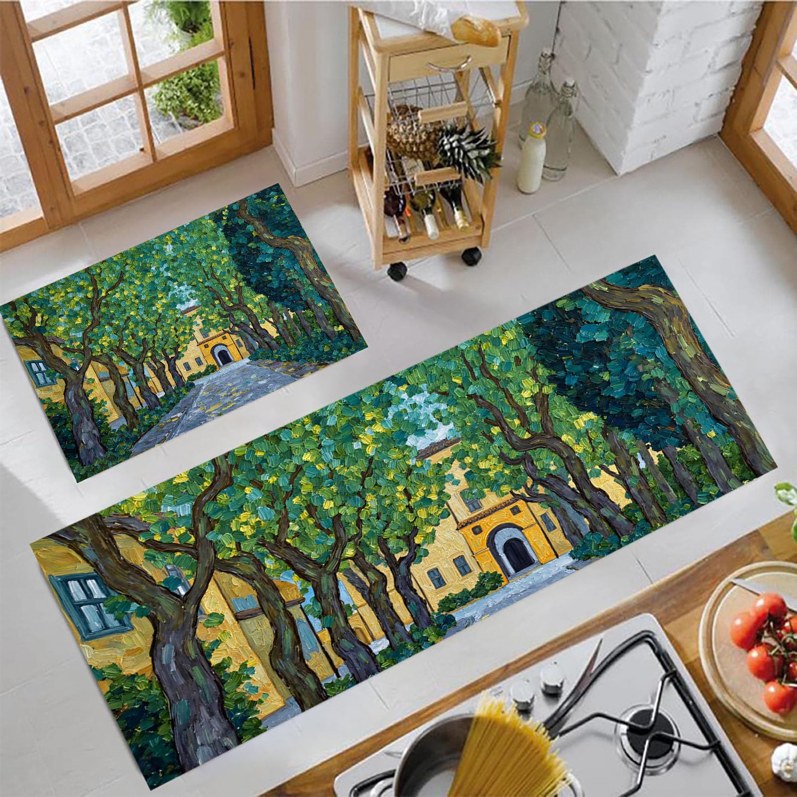 Alfombras de cocina antideslizantes de 2 piezas en verde esmeralda vintage, 50x80 y 50x150cm