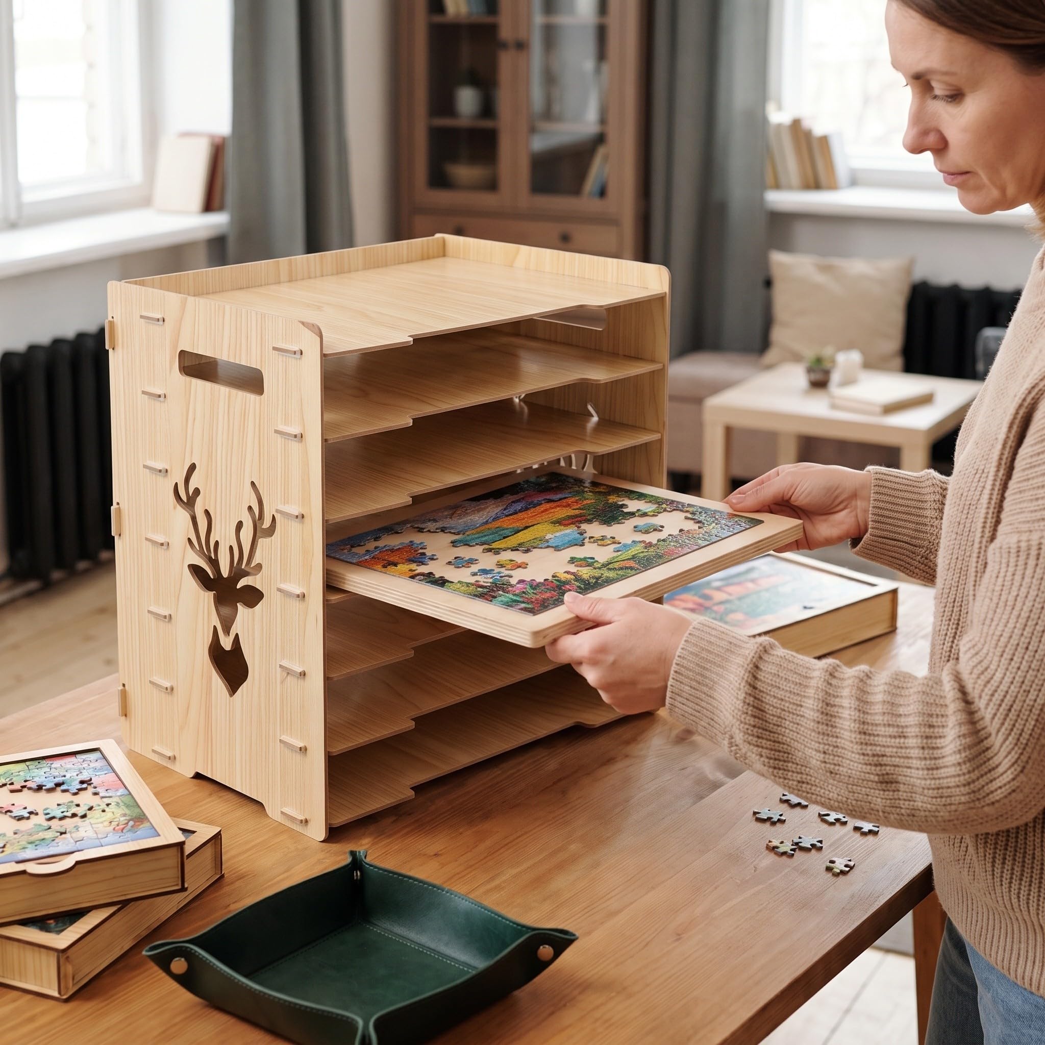 Veemoon Scaffale porta puzzle in legno, ripiano regolabile a 7 livelli per
