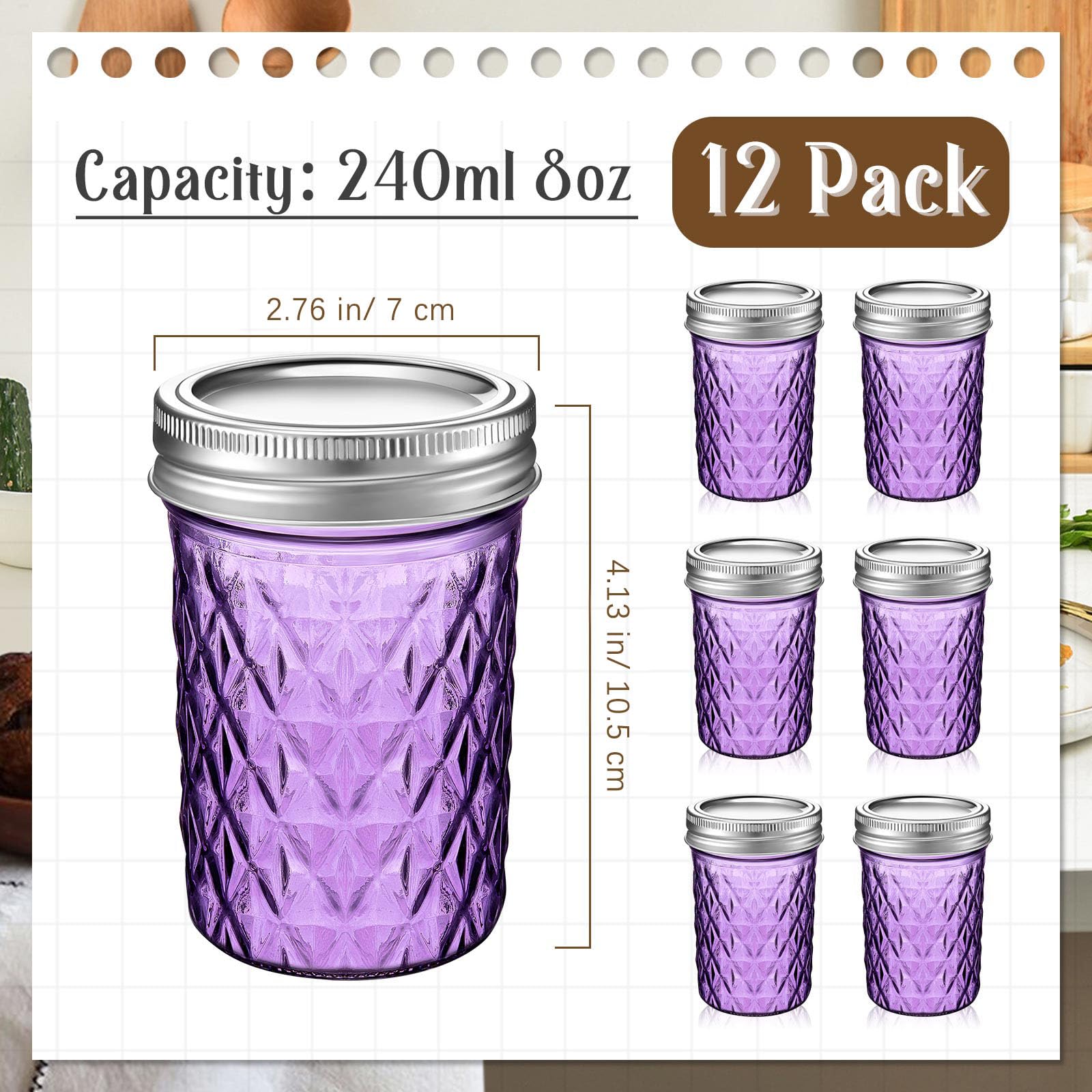 Zhehao 12 Pcs Mason Jars 8 oz with Regular Lids Mini Canning Jelly Honey Jars for Wedding Shower Favors DIY Projects Candle Holding Spice Jam Fruit Smoothie Salad Dressing Ketchup(Purple)