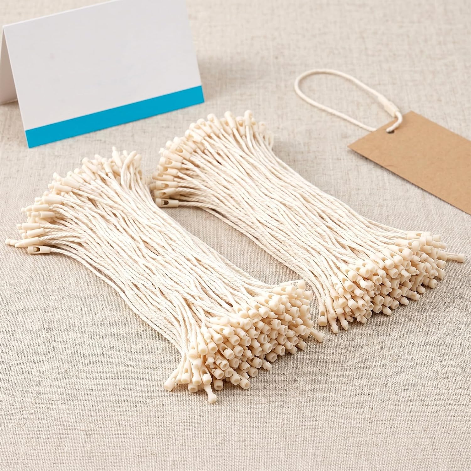 200pcs Hang Tag String, 8.3in Cotton Hanging Tag Rope with Plastic Lockers, Snap Lock Pin Loop Fastener Hook Ties for Bags Shoes Luggage Label- Beige