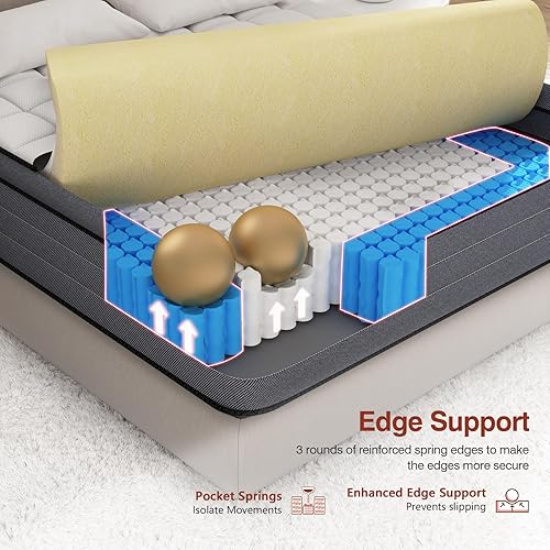 Miniatura 7 de Colchón híbrido tamaño King de 14 pulgadas, sensación firme, cama en una caja con resorte individual, soporte lumbar y espuma viscoelástica de gel