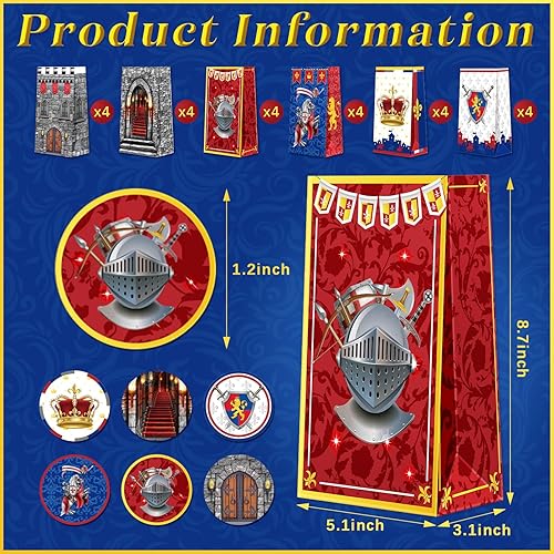 Miniatura 2 de Colarr 24 piezas de decoraciones medievales para fiestas temáticas de caballeros, mini bolsas de regalo medievales, bolsas medievales, calcomanías