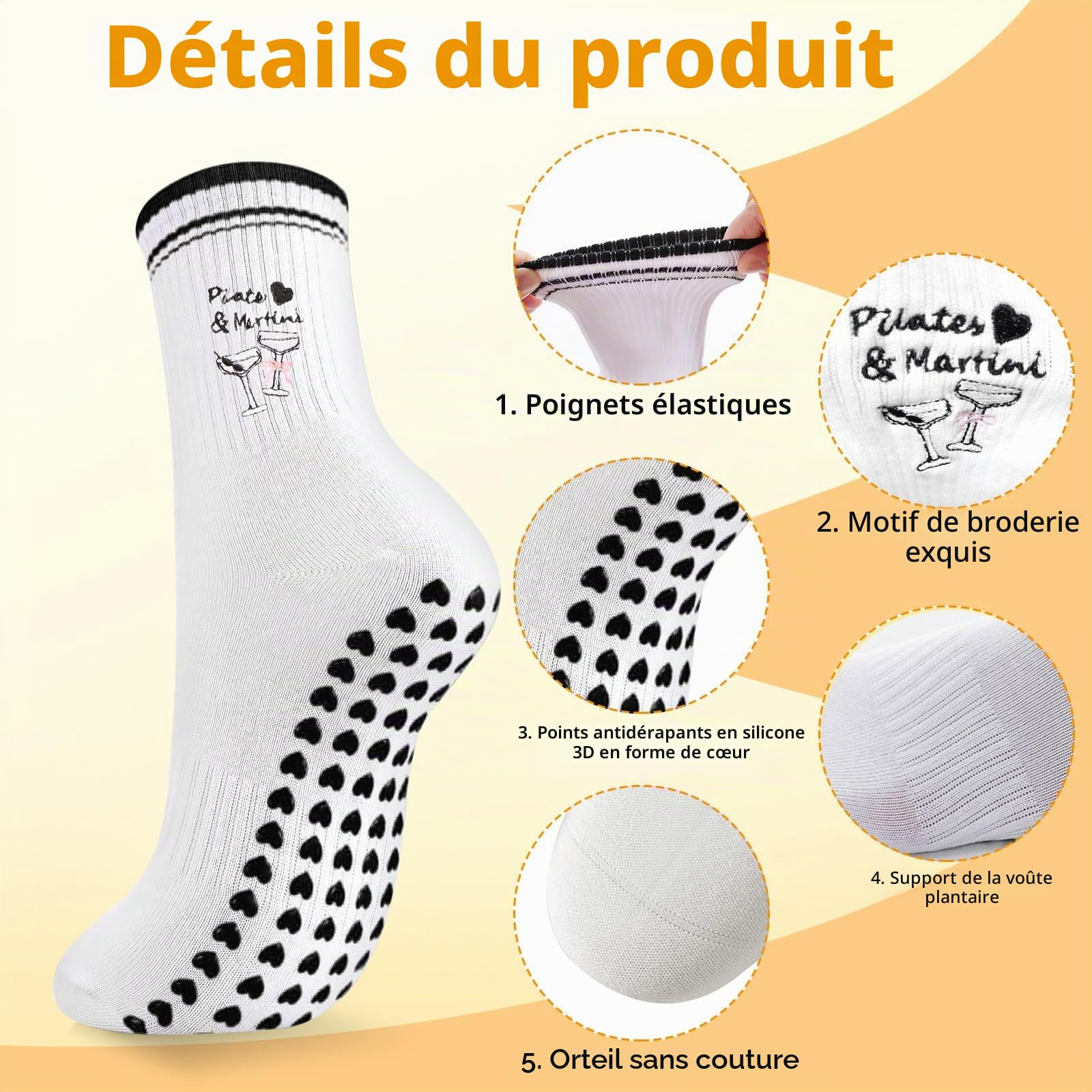 6 Paires Chaussettes Antidérapantes Femme Yoga 36-40 Taille, Chaussette Pilates en Coton pour Fitness Running Danse Gymnastique