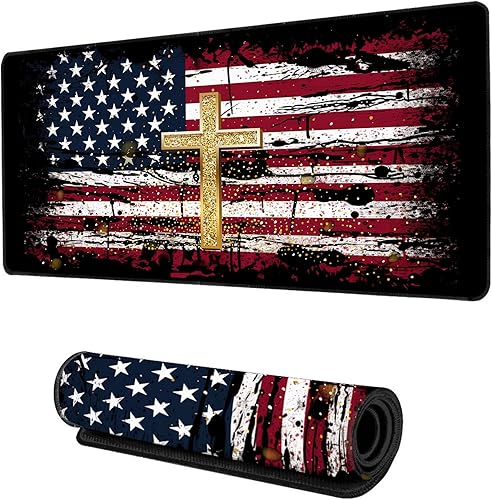 Alfombrilla de escritorio, alfombrilla de mouse grande con bandera estadounidense de Jesús y cruz para juegos, base de goma antideslizante, 31.5 x