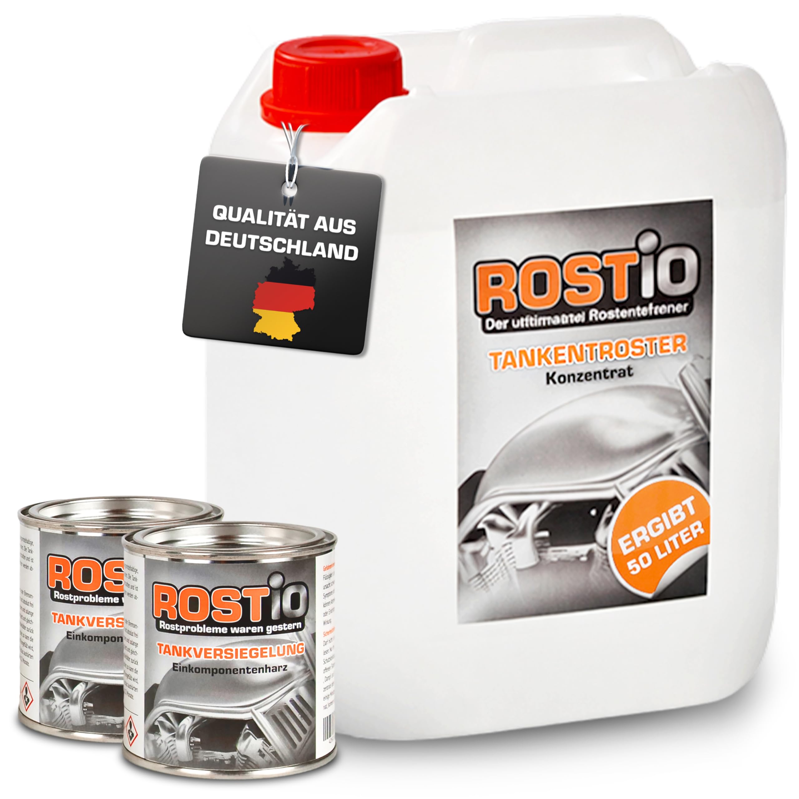 ROSTIO Tankentroster-Set 5L – inkl. 2×250 ml Tankversiegelung – hochergiebig (1:10) – für Tanks bis 50L – Rostentferner & Korrosionsschutz – ethanolfest & flexibel – Set zur Tanksanierung