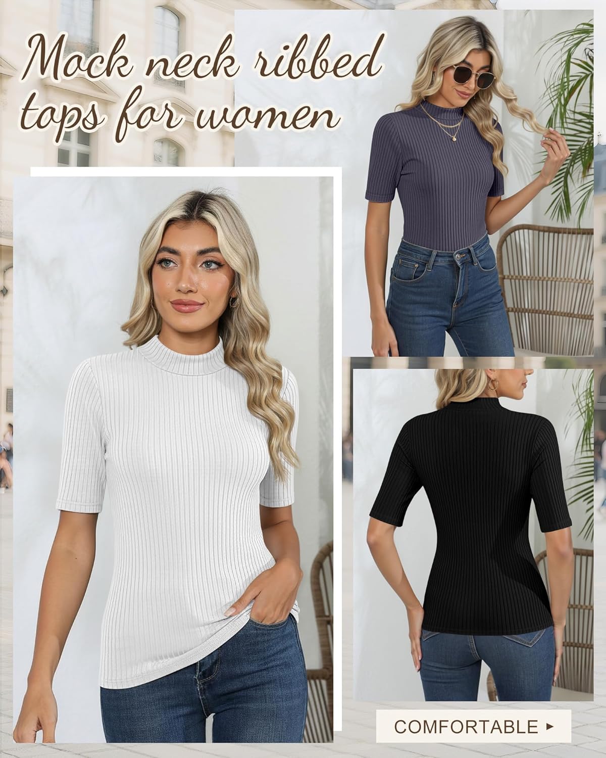 Neer 3 Pack Women's Half Sleeve T-Shirts, Mock Turtleneck Elbow Length Tee Ribbed Slim Fit Casual Summer Tunic Tops - Image 6