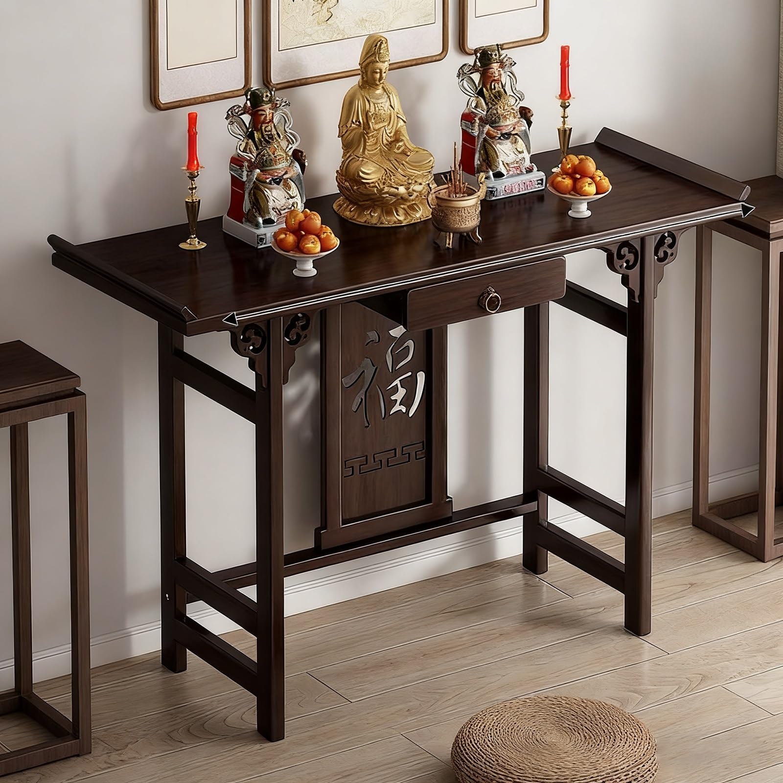 NHPJFDC Chinese Buddhist Altar Table Temple Altar Table Bamboo Buddhist Offering Niche Guanyin God of Wealth Shrine Cabinet Offering Rack for Home Decor(120x30x80cm)