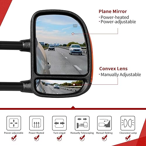 Miniatura 8 de YITAMOTOR Espejos de remolque compatibles con Ford F250 F350 F450 F550 Super Duty 1999-2016, Ford Excursion 2001-2005, juego de pares ajustables