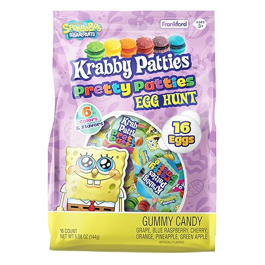 Frankford SpongeBob SquarePants Pre-filled Pretty Krabby Patty Plastic Egg Easter Basket Stuffers with Gummy Candy, 16 Count