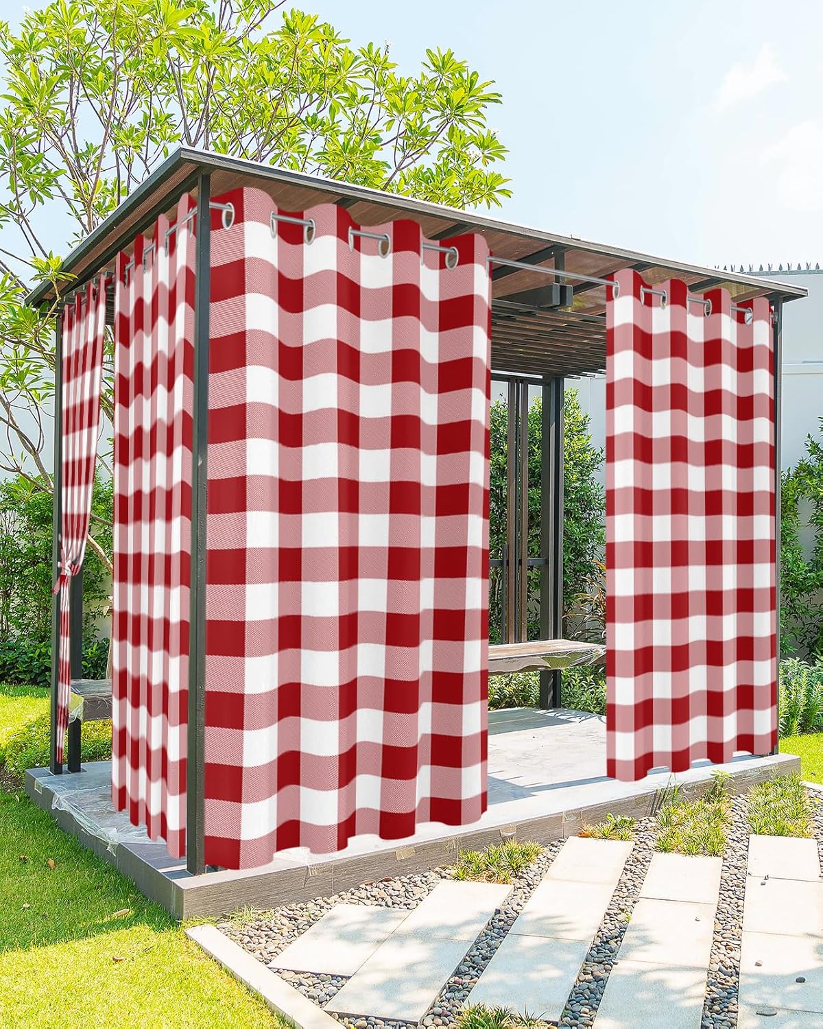 Outdoor Curtains for Patio Waterproof, Farmhouse Buffalo Plaid Windproof Pravicy Outside Porch Blackout Curtain, Red White Checkered Sun Blocking Grommets Curtains for Cabana Gazebo 2 Panels 54"x108"