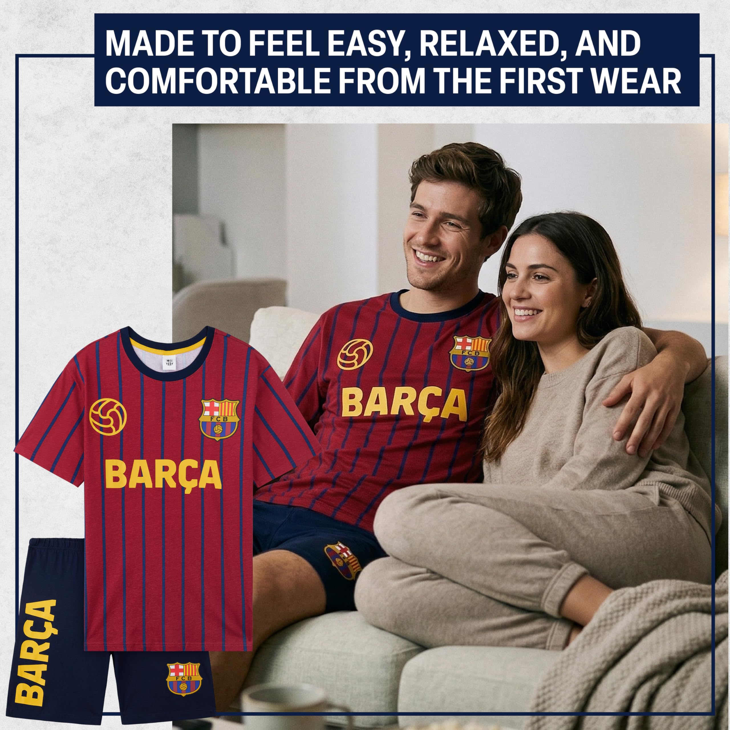 Get Trend Real Madrid | FC Barcelona Pijama Hombre, Conjunto Verano Camiseta Hombre Manga Corta y Pantalón Corto, 100% Algodón, Regalo Futbol