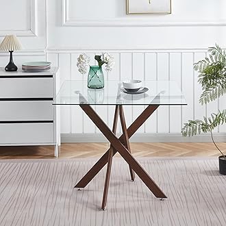 Small Square Glass Dining Table with Tempered Glass Top Metal Legs, 35.43" Modern Kitchen Table Dining Room Table for Dining Room Kitchen Living Room (Walnut-Square 35.43"x29.6")