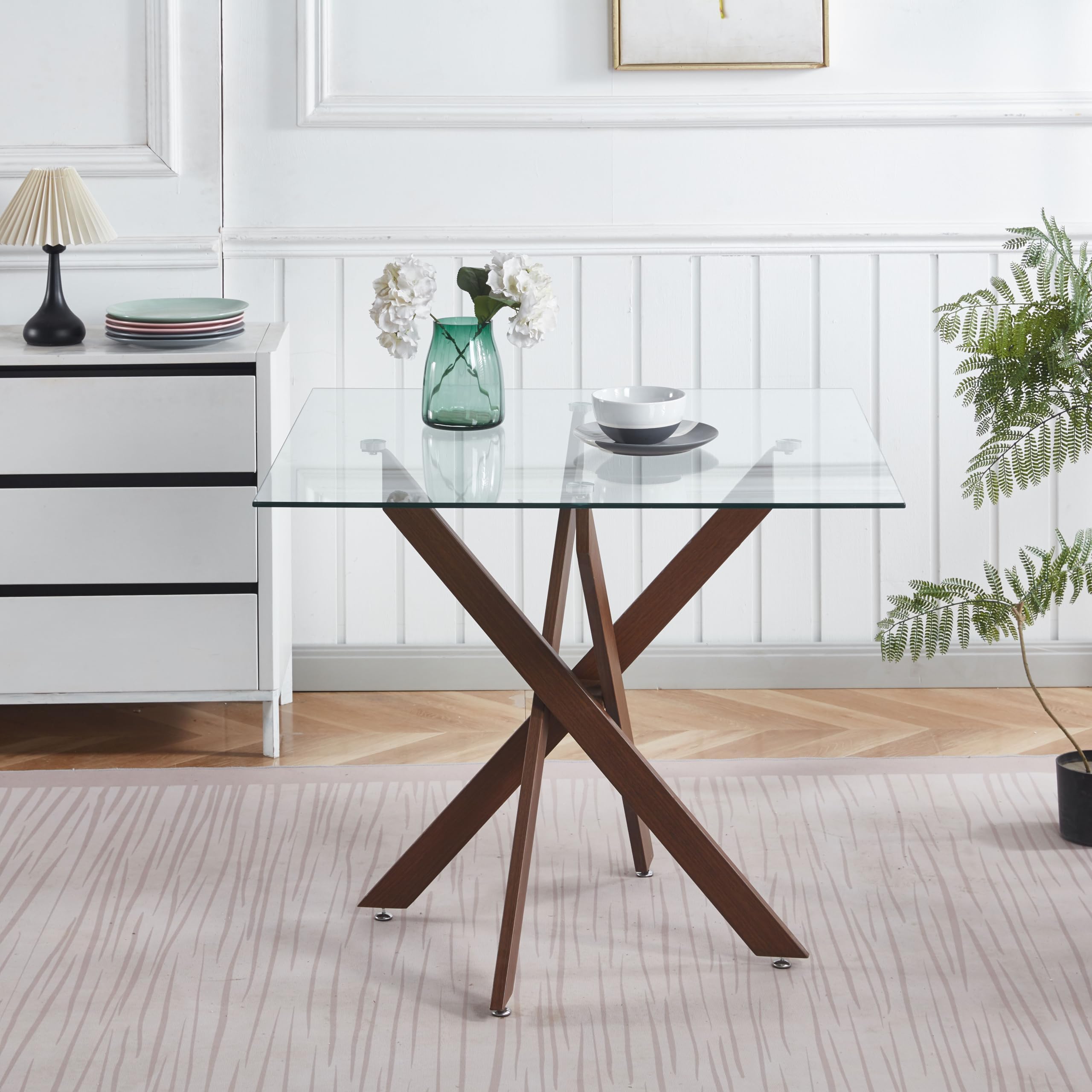Small Square Glass Dining Table with Tempered Glass Top Metal Legs, 35.43" Modern Kitchen Table Dining Room Table for Dining Room Kitchen Living Room (Walnut-Square 35.43"x29.6")