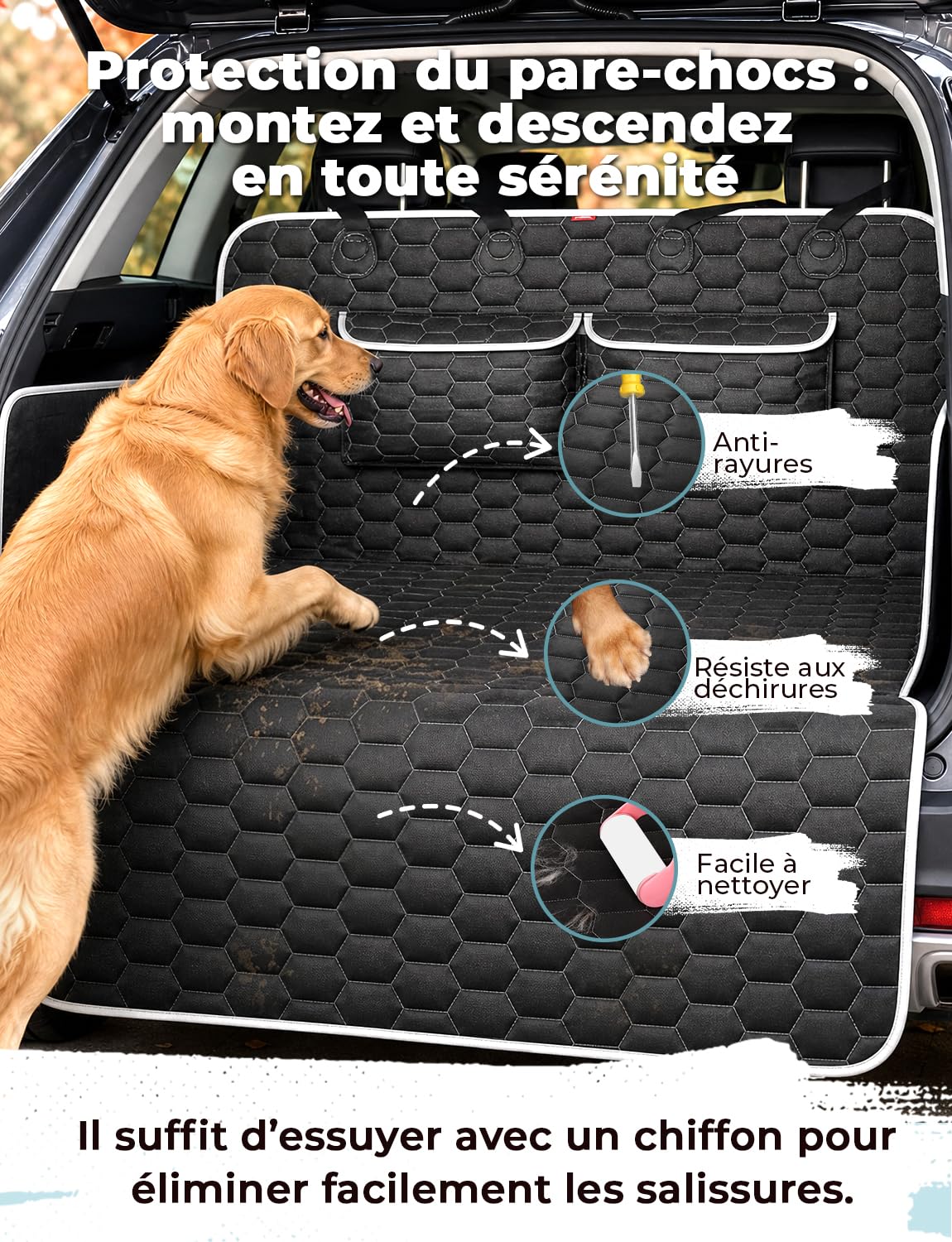 Oasser Protection Coffre Voiture Chien Housse de Protection Couverture de Coffre Imperméable et Antidérapant, 2 Grandes Poches, 185 x 102cm