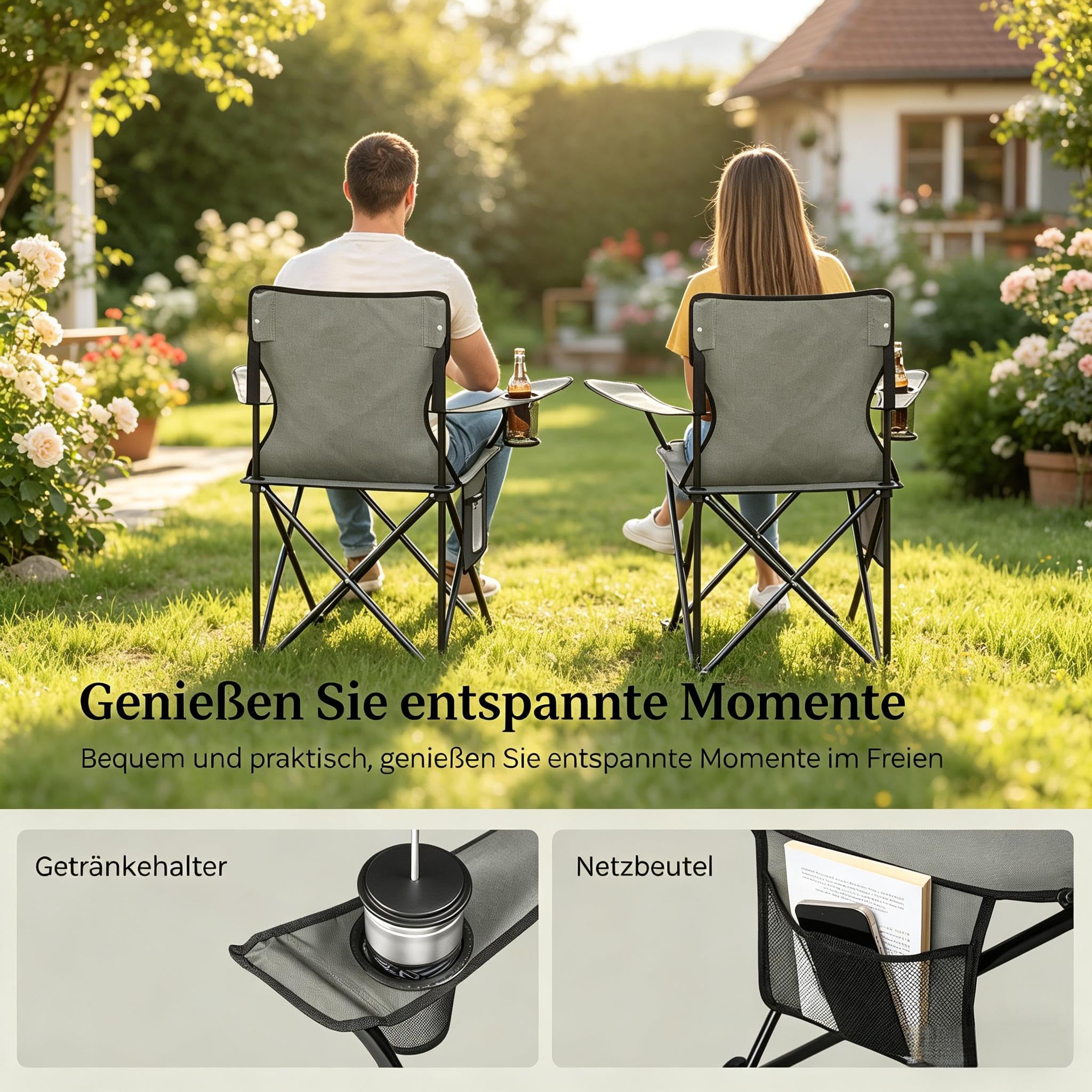 Lot de 2 chaises de camping pliantes avec porte-gobelet, chaise de plage et chaise de pêche, chaise de camping d'extérieur avec cadre en métal, tissu Oxford, gris foncé