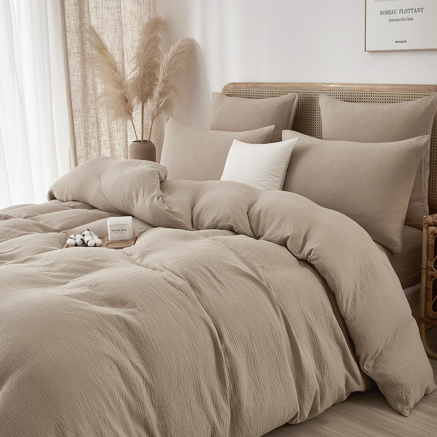 Luofanfei Juego de ropa de cama de muselina de 220 x 240 cm, color marrón topo y caqui, estilo bohemio, refrescante, para verano, suave, no necesita planchado, con cremallera y fundas de almohada de