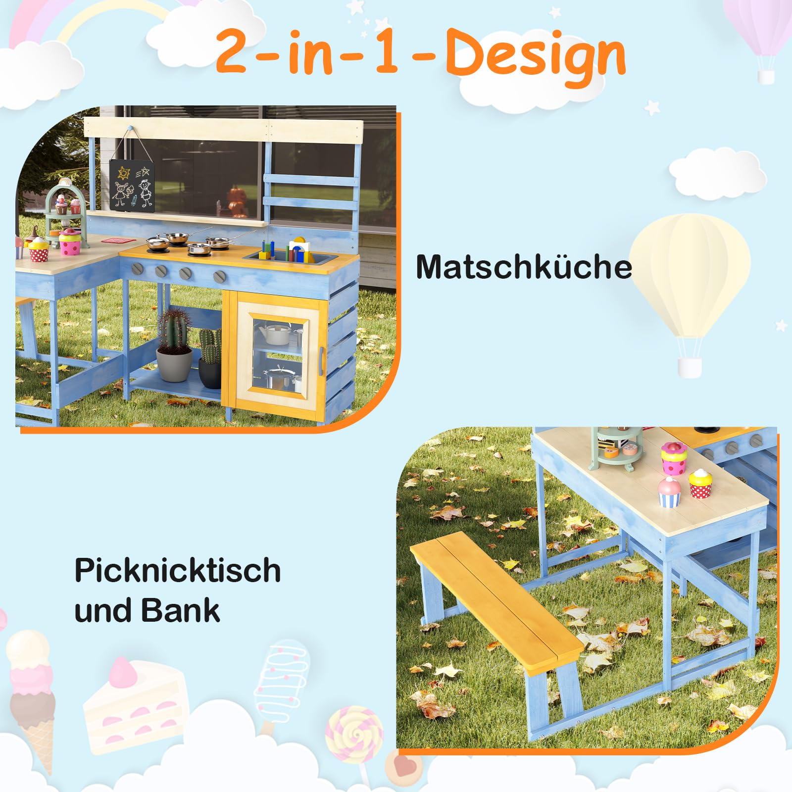 COSTWAY Matschküche mit Picknicktisch & Bank, Kinderküche Tannenholz mit Dessertzubehör Küchengeschirr und Tafel, Spielküche Outdoor Küche für Kinder ab 3 Jahren (Hellblau)