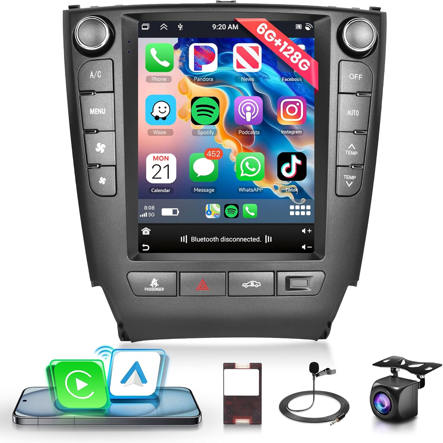 6G+128G Android Car Radio for IS250 2006-2012, Rimoody Car Stereo CarPlay Android Auto 9.7 inch Vertical Touchscreen GPS WiFi Mirror Link Bluetooth FM/RDS EQ USB + Backup Camera