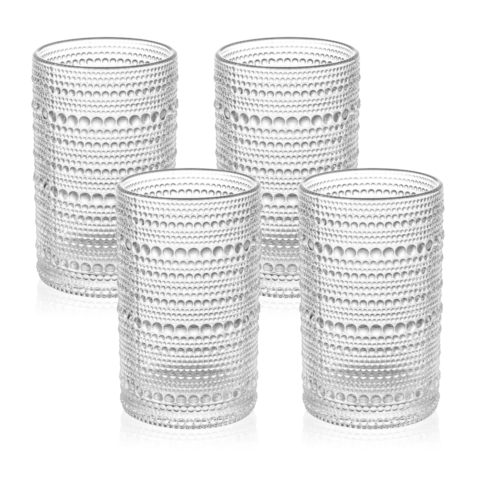 Vintage Dot-Pattern Drinking Glasses Set of 4 13 oz Clear Highball Glass Cups Embossed Textured Glassware with Anti-Slip