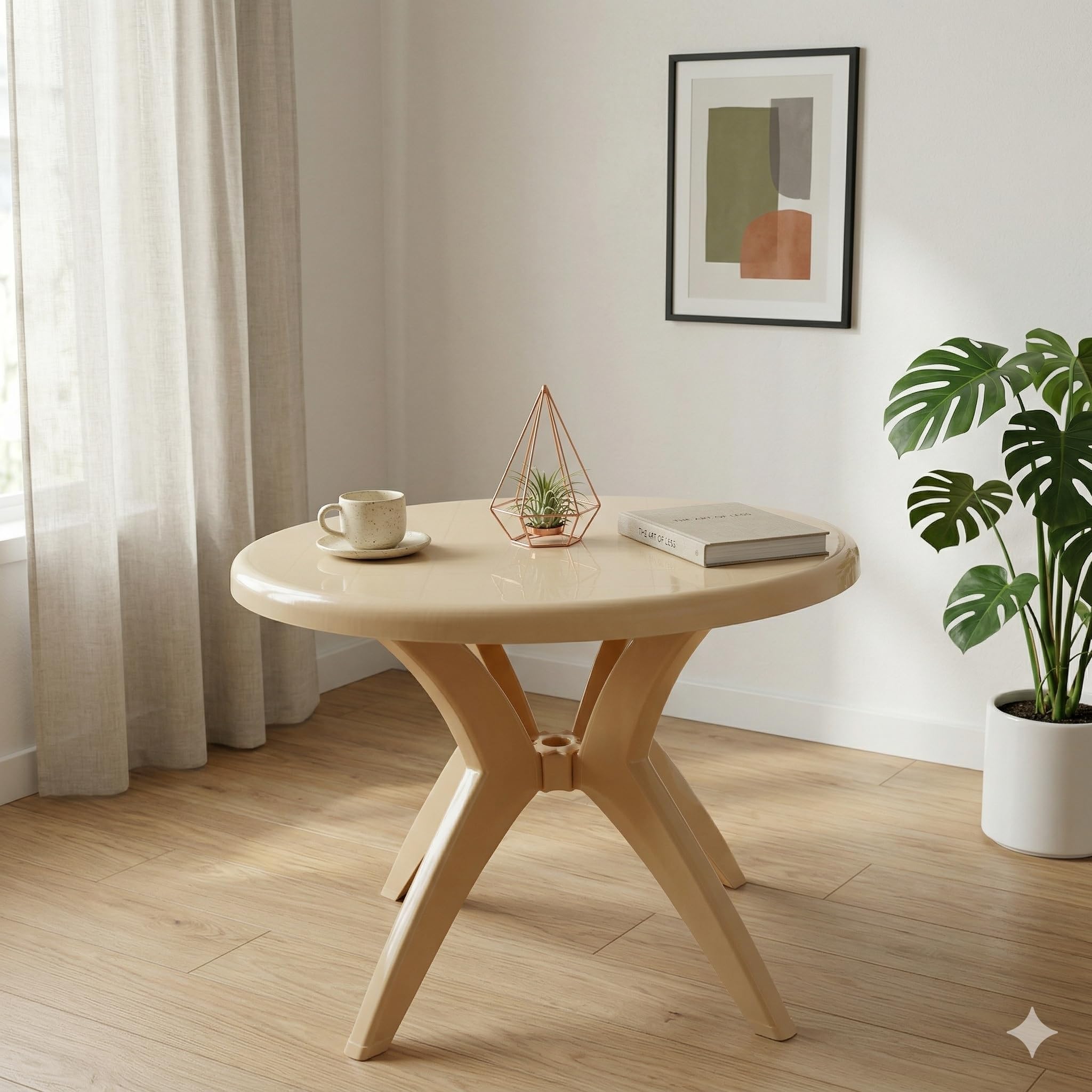 OAKNEST Supreme Marina Circular Design High Glossy Dining Table| Table with Umbrella Holder and Cross Legs for Dining Room Set/Garden/Cafe and Restaurants (Color: Marble Beige)-image-47