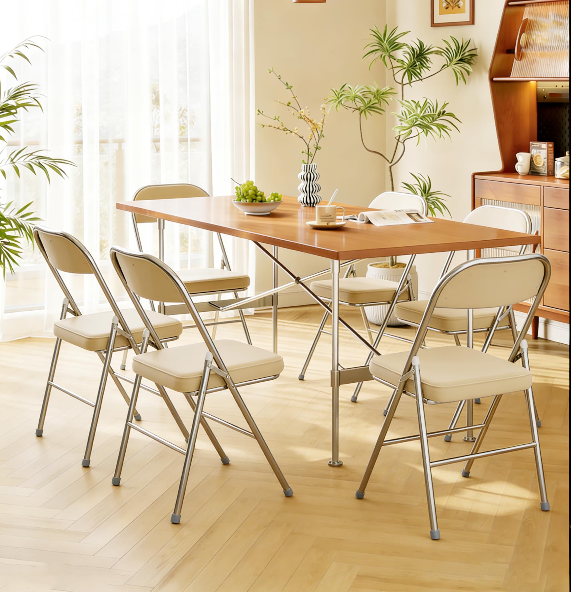 6Pcs Comoda sedia pieghevole da cucina sedie pieghevoli in pelle sedia per visitatori con cuscino spesso sedie da pranzo pieghevoli per cucina, interni, esterni, sala conferenze Beige
