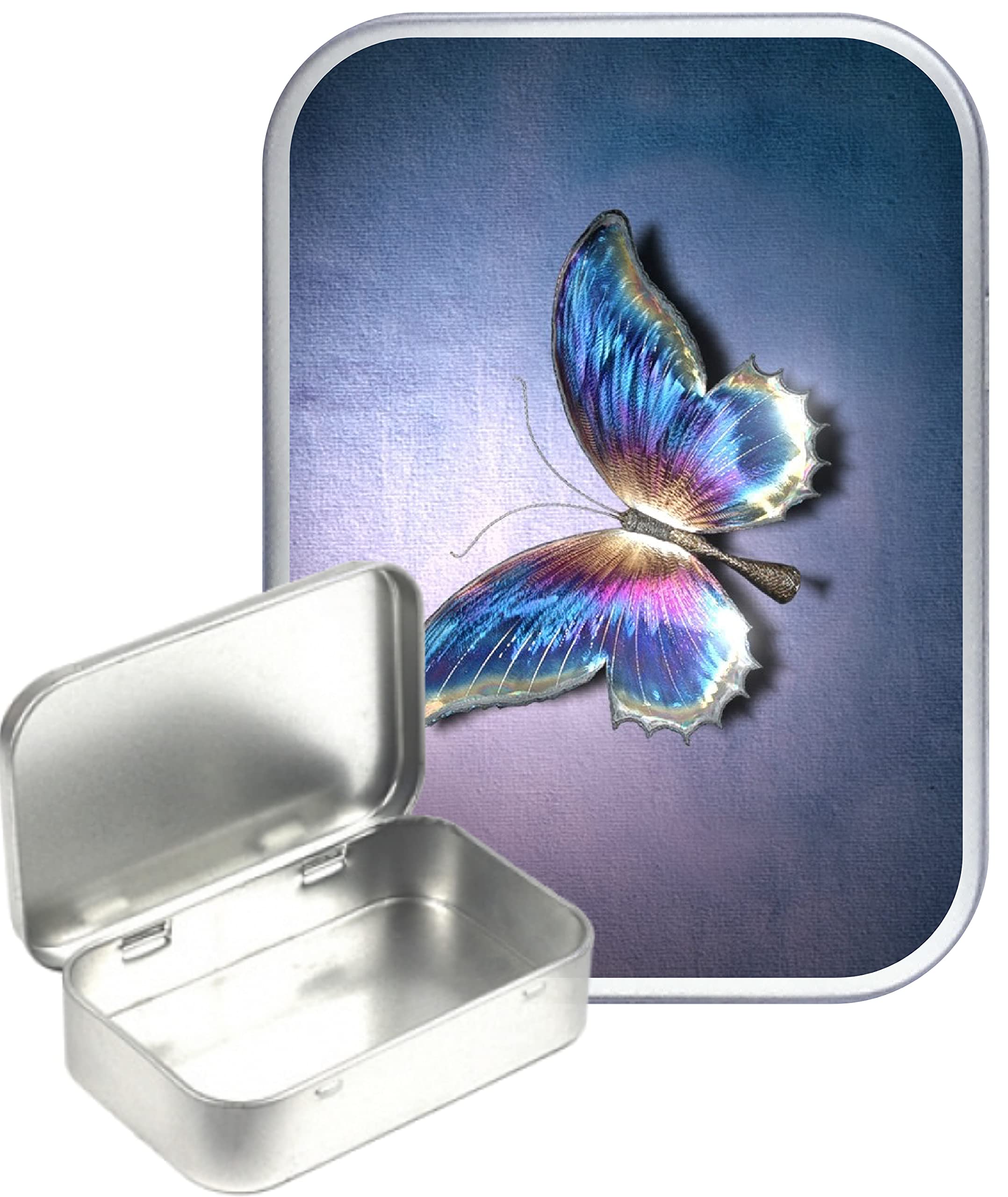 TEEZ Chrome Butterfly Hinged Tin,Small 30ml Tin, Pill Tin, Pocket tin, Gift Box, 1oz Tobacco tin