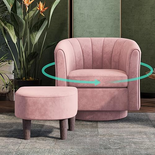 LINSY Swivel Accent Chair Ottoman Set: Velvet Small Barrel Chair with Foot Rest, Modern Reading Chair Upholstered Armchair with Footrest for Living Room Bedroom Study Room Office (Pink) - Pink
