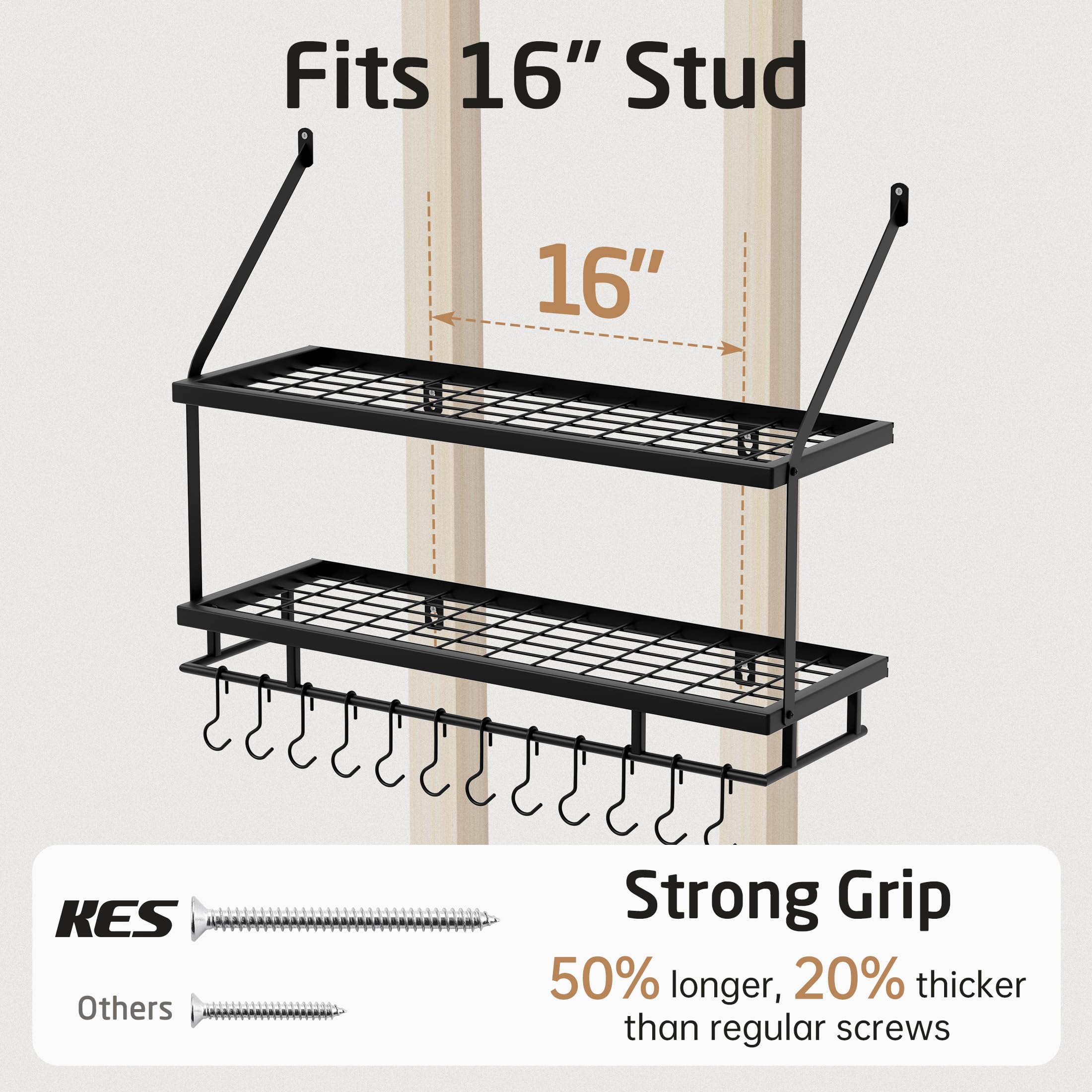 KES Estante de Cocina para Colgar 75CM Soporte para Ollas y Sartenes 2 Niveles con 12 Ganchos Almacenaje Organizador Negro, KUR215S75-BK