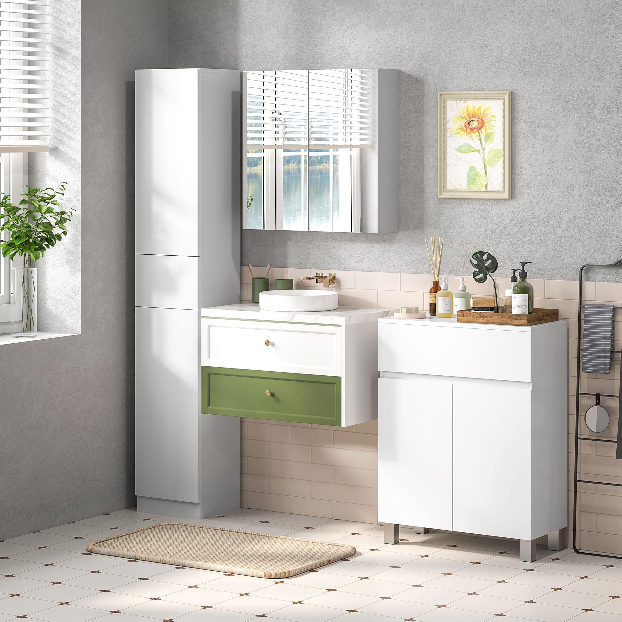 kleankin Armoire Murale de Salle de Bain, Placard de Rangement, 3 Niveaux, étagère réglable, 2 Portes et miroirs, Armoire Suspendue, 60 x 15 x 60 cm, Blanc