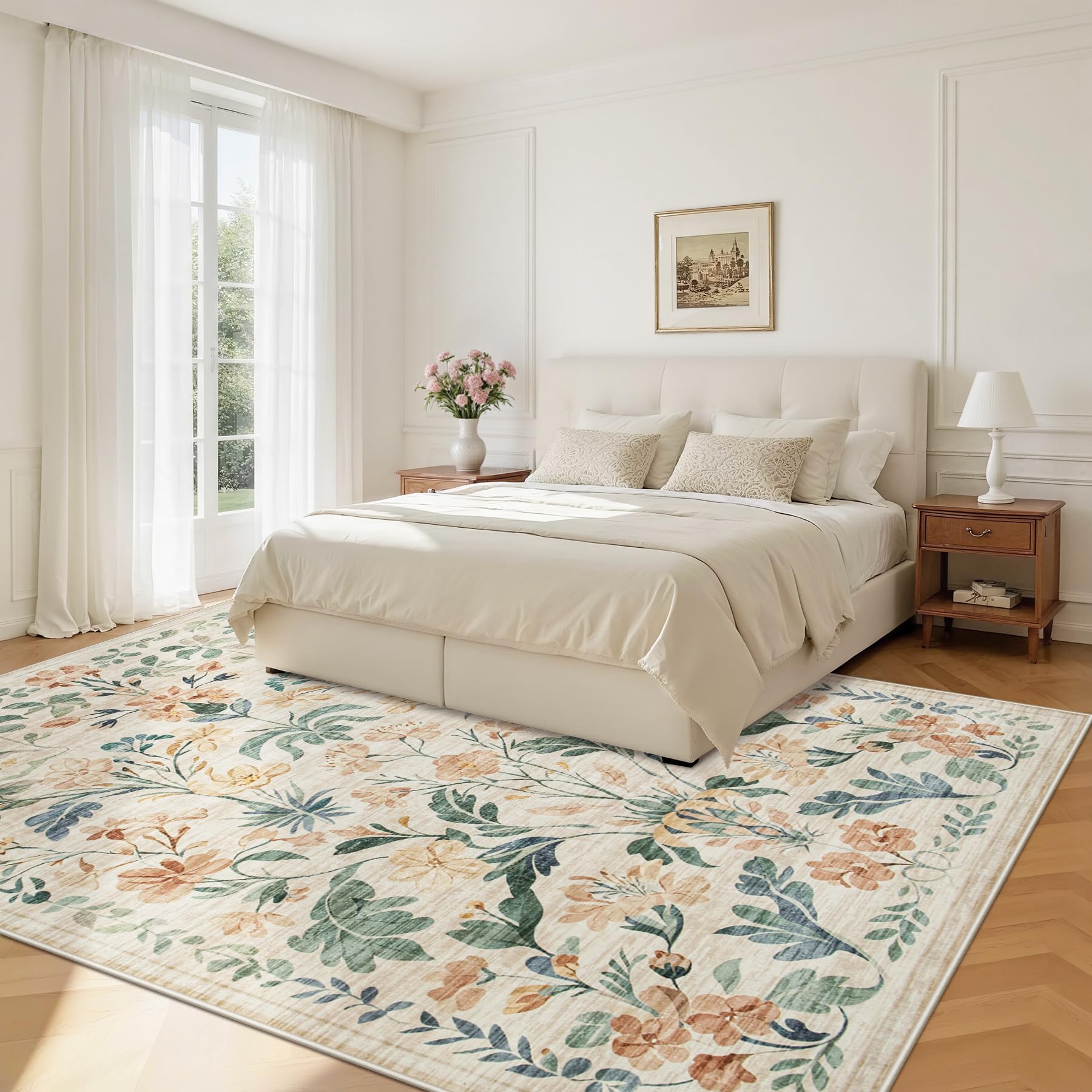 Waschbarer Teppich: Boho-Wohnzimmerteppich, weich, rutschfest, Niederflor-Teppich, Innenboden, fusselfrei, neutrale Blumenteppiche für Schlafzimmer, Esszimmer, Bauernhaus, Kinderzimmer, Beige