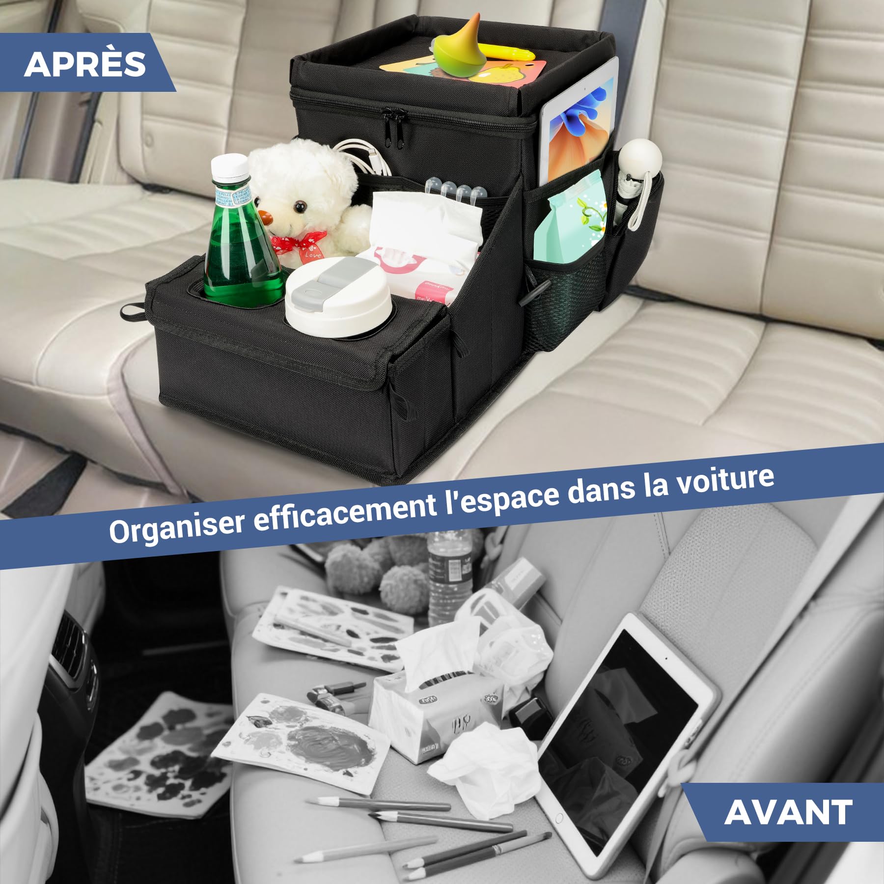 Organisateur Multifonctionnel pour Siège de Voiture, avec Porte-gobelets et Compartiment Isotherme pour Sièges Avant et Arrière – Rangement Voiture pour Jouets, Collations, Enfants et Adultes, Noir