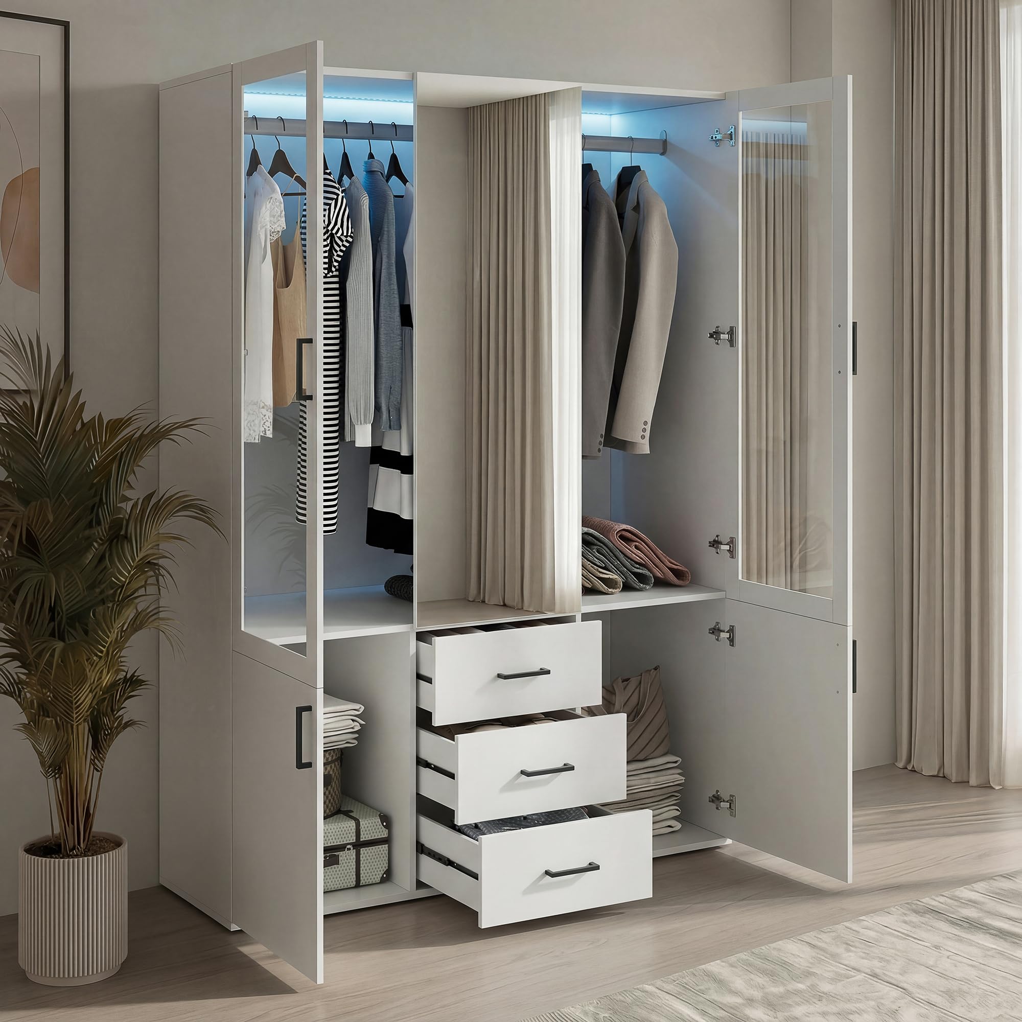 Armadio Guardaroba 2 Ante con LED e specchio, armadio camera da letto adulto con 2 ante in vetro e 3 cassetti, armadi multifunzione con asta per vestiti armadio portaoggetti per vestiti (bianco-3)