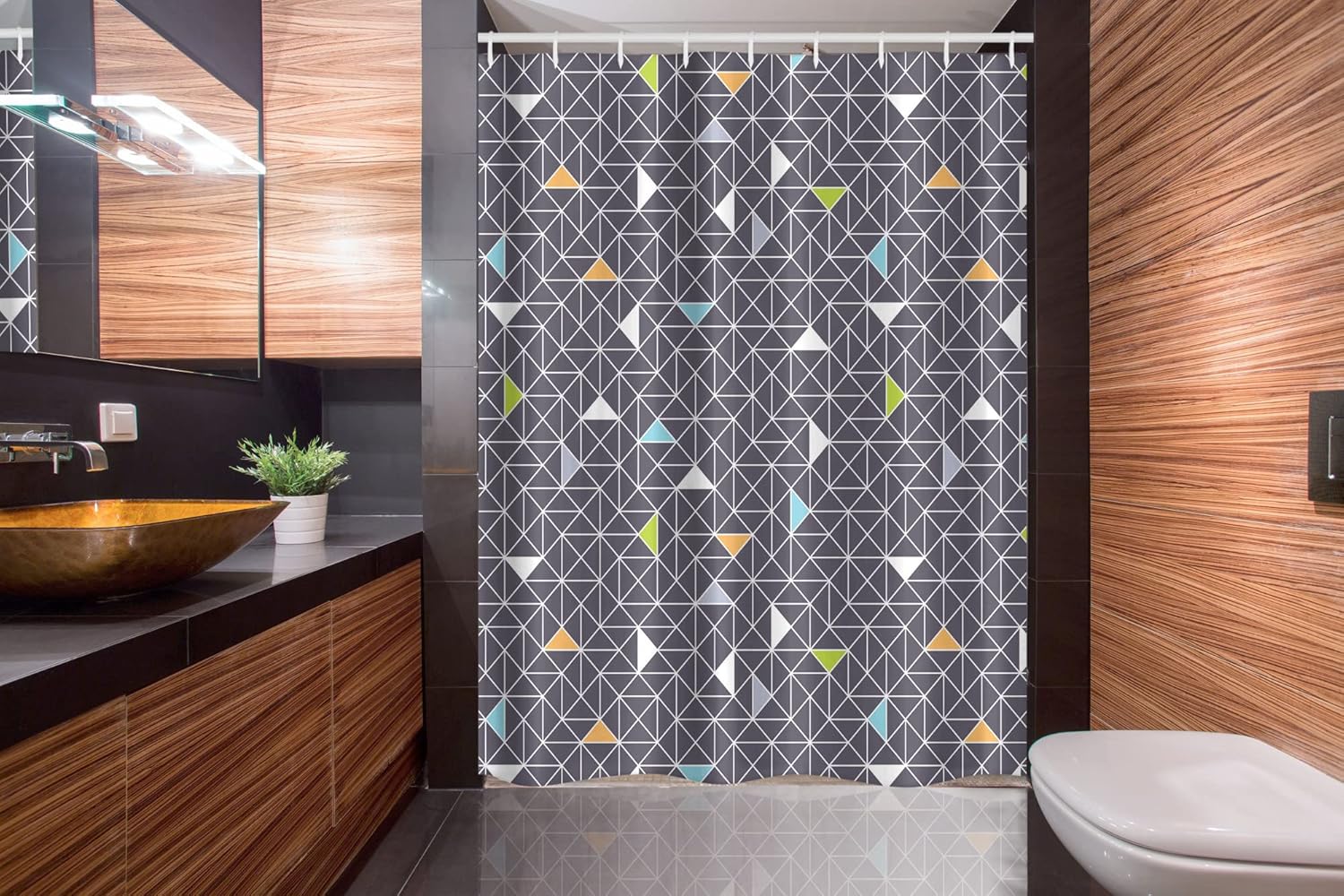 Ambesonne Geometric Stall Shower Curtain, Geometric Pattern Triangle Retro Illustration Network Simple Style, Fabric Bathroom Decor Set with Hooks, 54" W x 78" L, Dimgray Pale Orange Blue