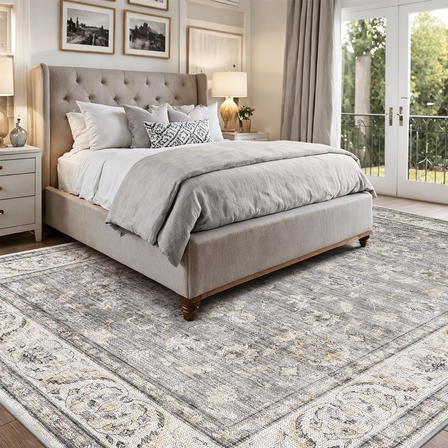 Teppich Wohnzimmer 120x180cm Teppich Waschbarer Kurzflor rutschfest Weich für Schlafzimmer Küche Esszimmer Büro Traditionelles Vintage-Grau