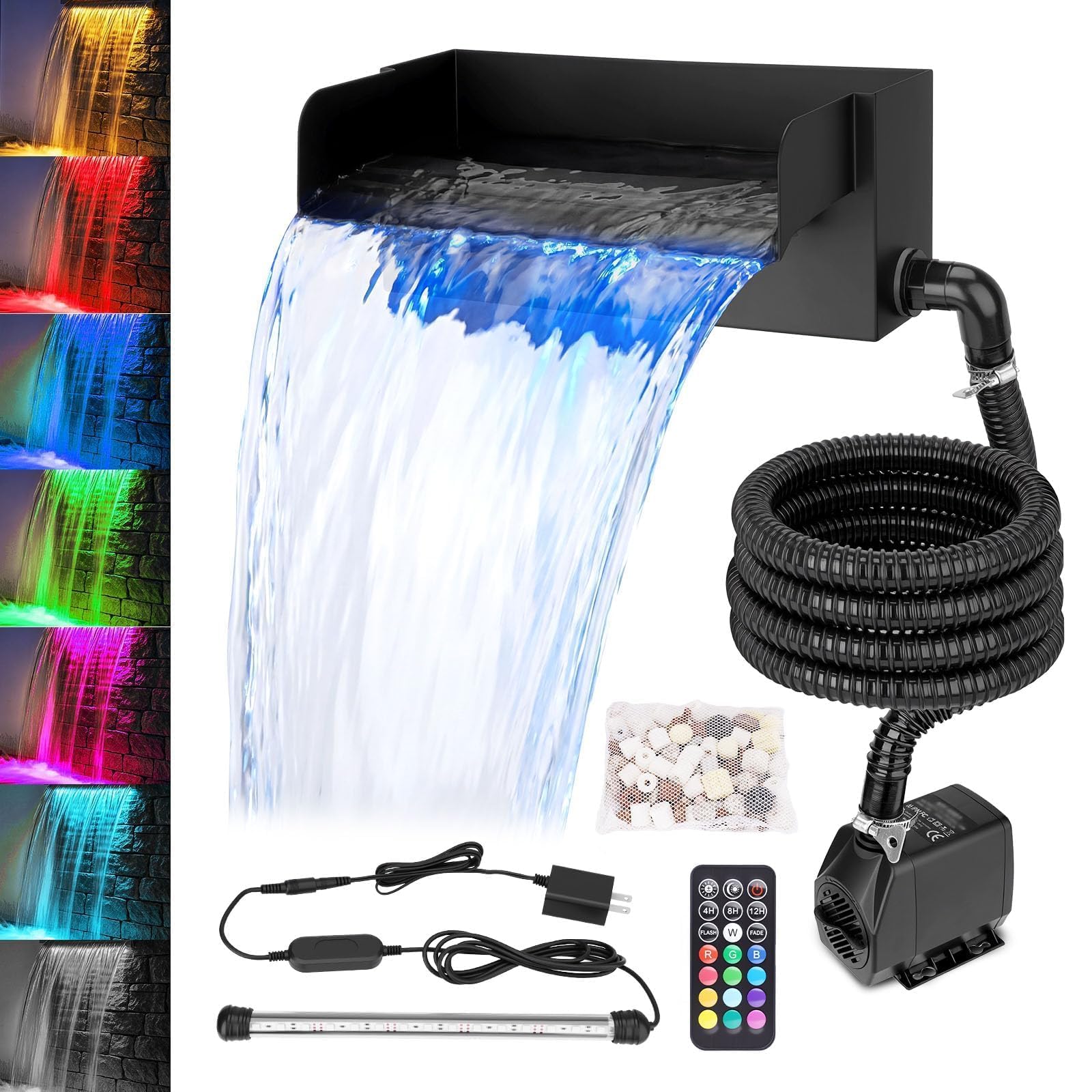 Photo 1 of All-in-1 Pond Waterfall Kit with LED Light, 12 in Stainless Steel Spillway