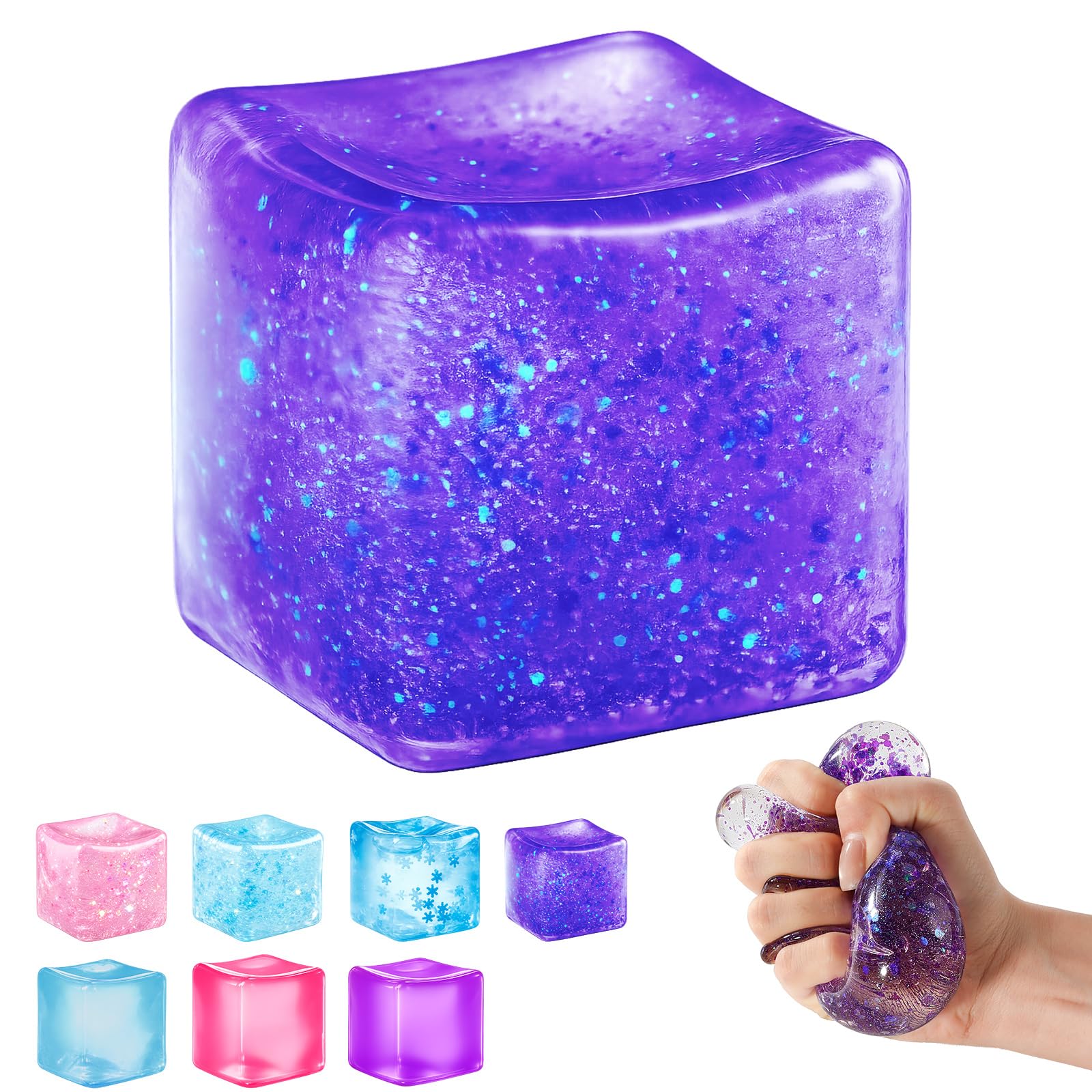 Ice Cube Squishy Fidget Toy - Slow Rising Stress Sensory Ball for Teens | Squeeze Toy for Anxiety Relief, Focus & Relax, Washable Soft Fidget for Students, Classroom & Office - Purple Glitter
