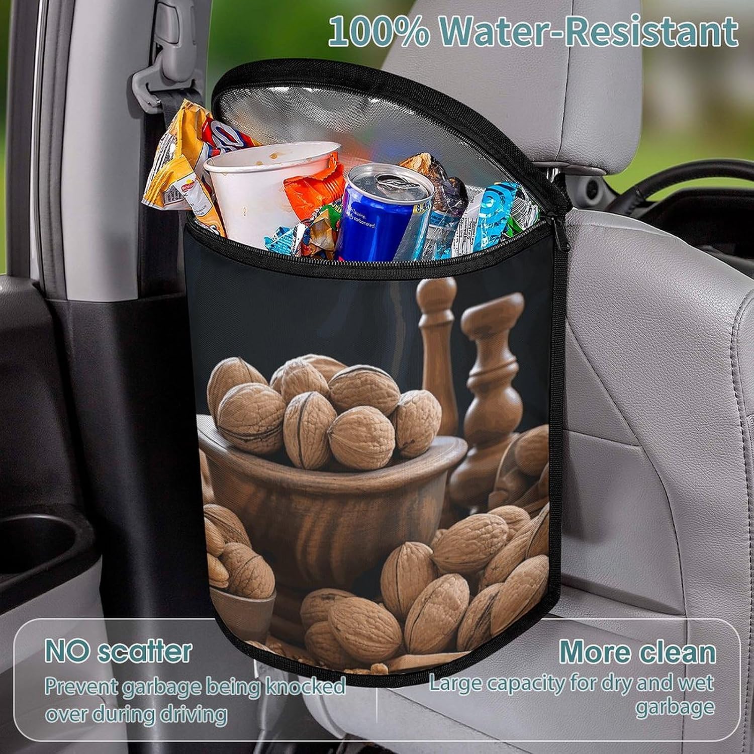 Walnut Nuts Car Trash Can Bin Bag Waterproof Car Garbage Can Bag Trash Can for Car Car Trash Can for Women Men Garbage Can for Car Car Trash Can with Lid Trash for Car Trucks Rvs