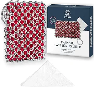 Cast Iron Scrubber Chainmail - 316L Cast Iron Cleaner Scrubber and Bamboo Cloth Set - Chain Mail Scrubber - Stainless Steel Chainmail Scrubber for Skillet, Pan, Dutch Oven - Essential Accessory