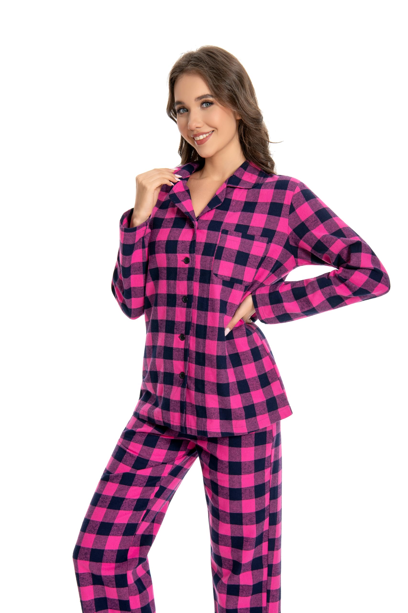 Nutria Pigiama da donna, 100% cotone, in flanella, a maniche lunghe, con colletto aperto, bottoni, parte inferiore lunga, biancheria da notte invernale, loungewear con scollo a V, maglietta e