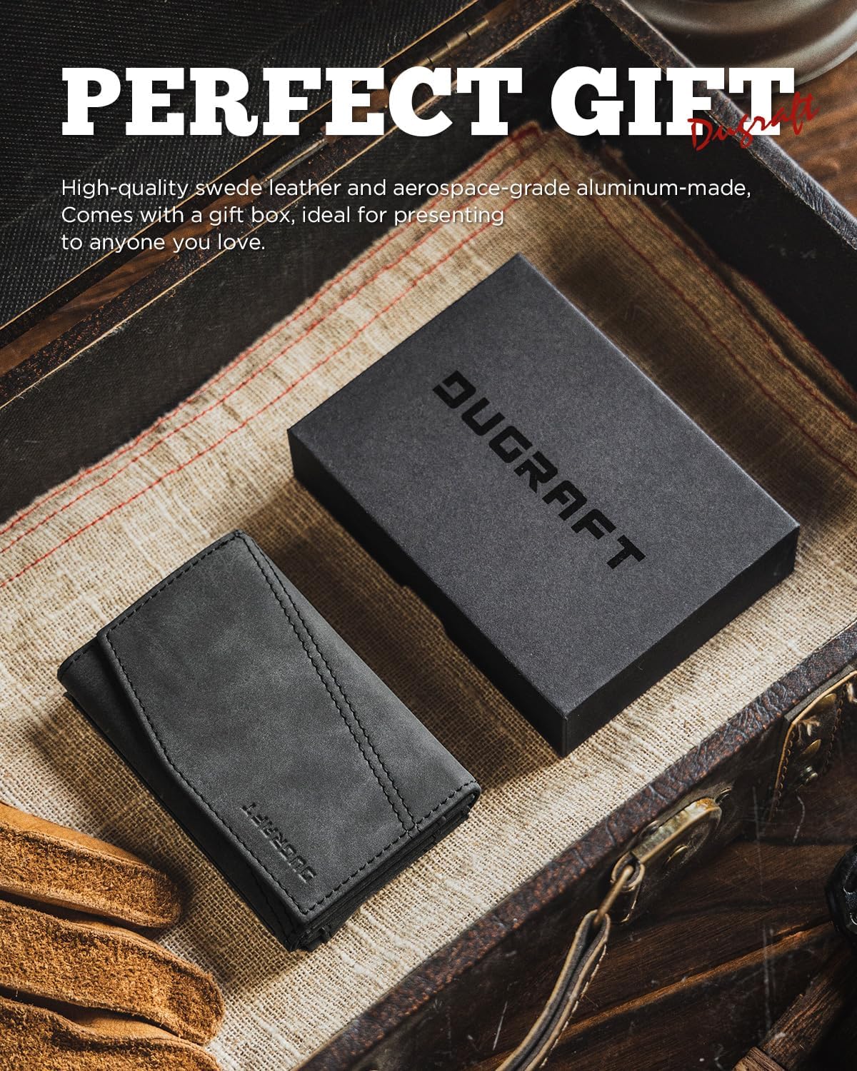 DUGRAFT 𝗗𝗨𝗚𝗥𝗔𝗙𝗧 Card Holder Wallet with ID Window, Leather Mens RFID Blocking Minimalist Pop-Up Wallet Aluminum Metal Credit Card Case with Banknote Compartment